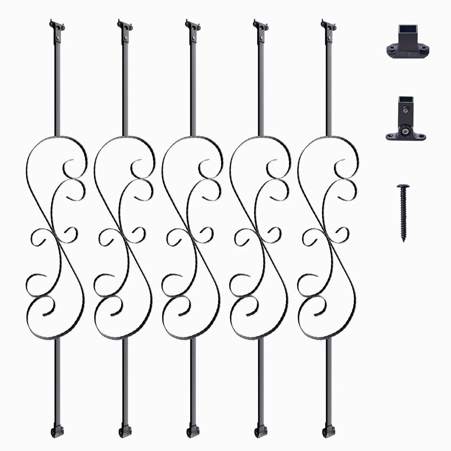 VEVOR Metalowe balustrady schodowe 1122 mm balustrady dekoracyjne pręty ze stali ocynkowanej 5 S tralki z butami i śrubami do drążonych ślimaków schodowych balustrady, czarny