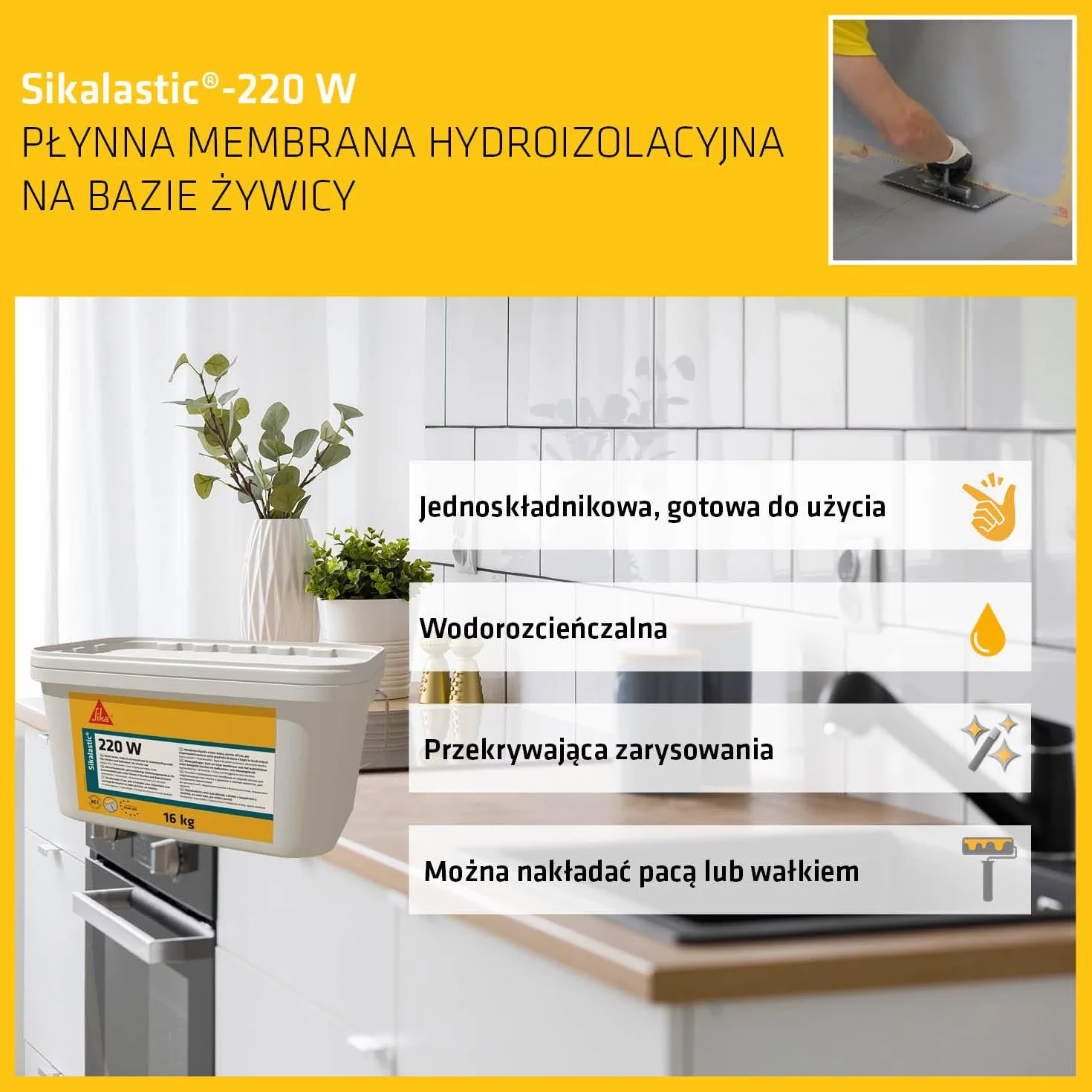 Sika - płynna membrana izolacyjna - Sikalastic-220 W do izolacji ścian i posadzek w przestrzeniach mokrych - gotowa do użycia - niebieskoszara - 16 kg