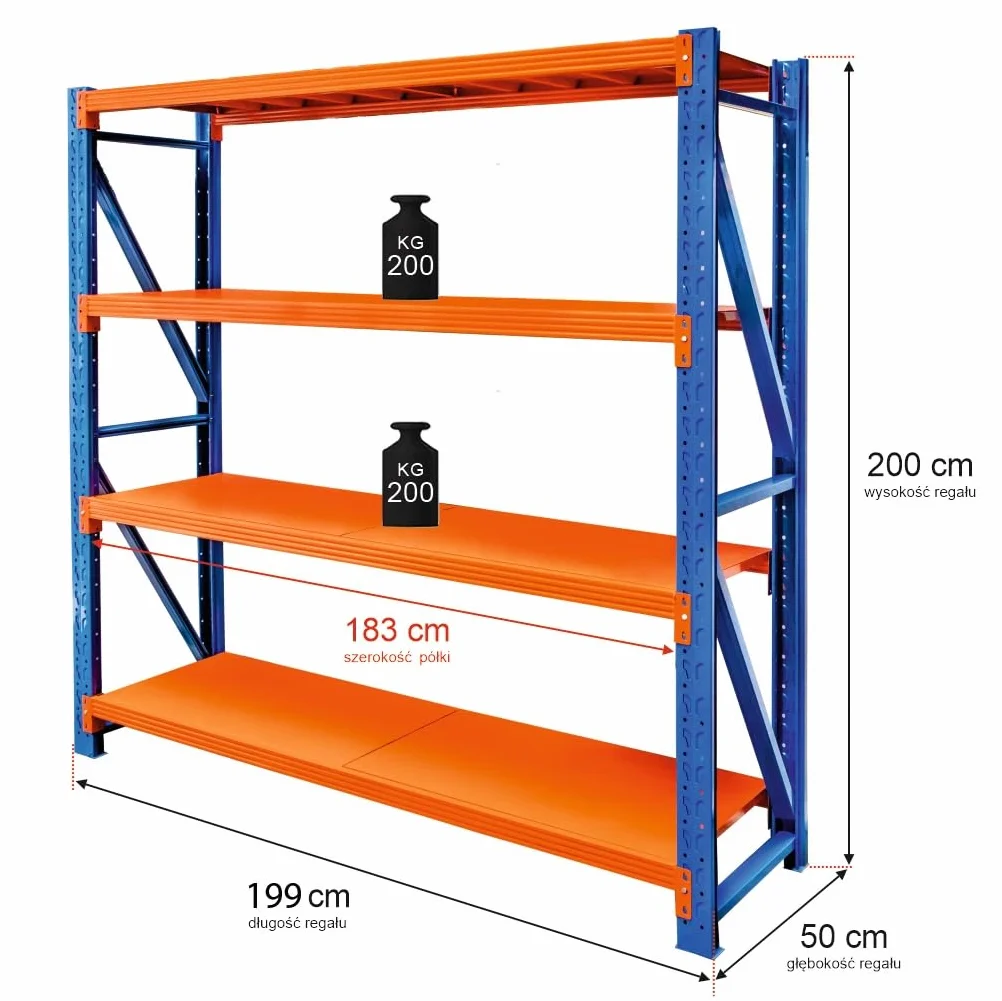 Fortis Light Mega-M Regał Metalowy Magazynowy Warsztatowy 4-Półkowy 800KG 200x200x50 cm