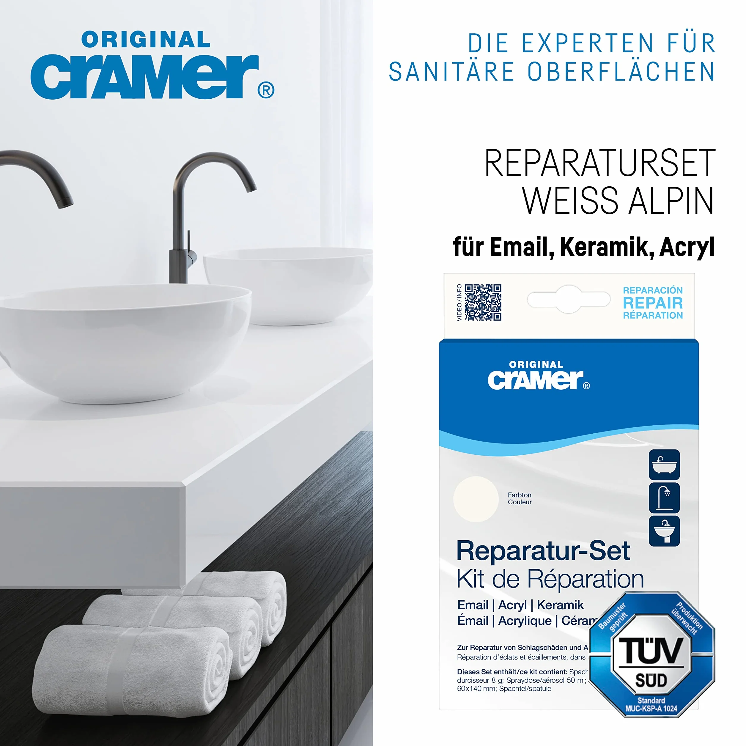 Cramer S203AMZ zestaw naprawczy ceramicznych/emaliowanych do wanien, zlewów i blatów, kolor: biały alpejski