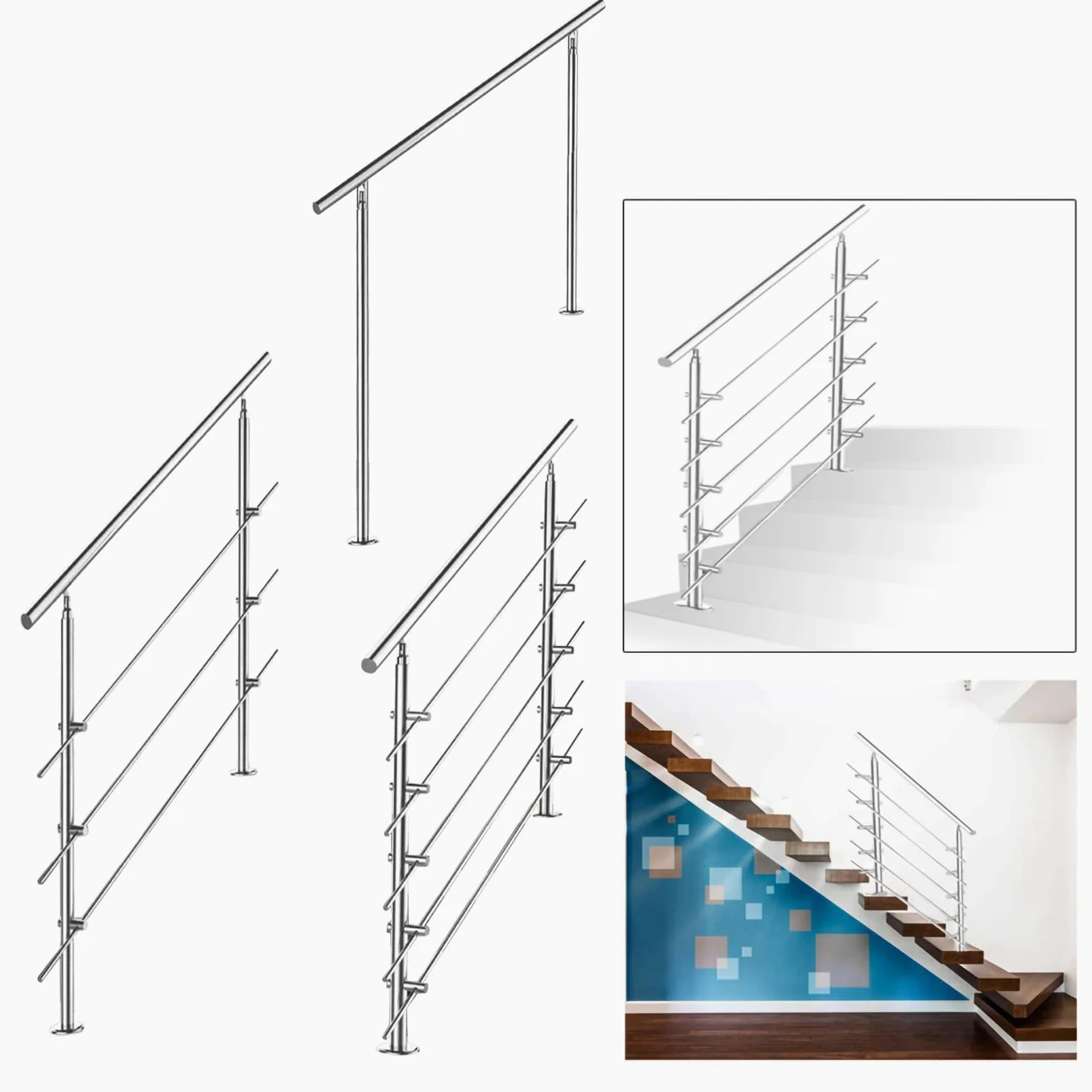 Poręcz ze stali nierdzewnej, do balustrady schodowej, na balkon, 120 cm, z 4 poprzeczkami Ø 42 mm, do wewnątrz i na zewnątrz