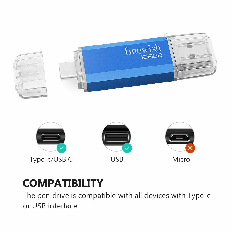 Pamięć USB Type C 128 GB 2 w 1 OTG Pen Drive dla PC/MacBook/Tablet/Smartphone Niebieski