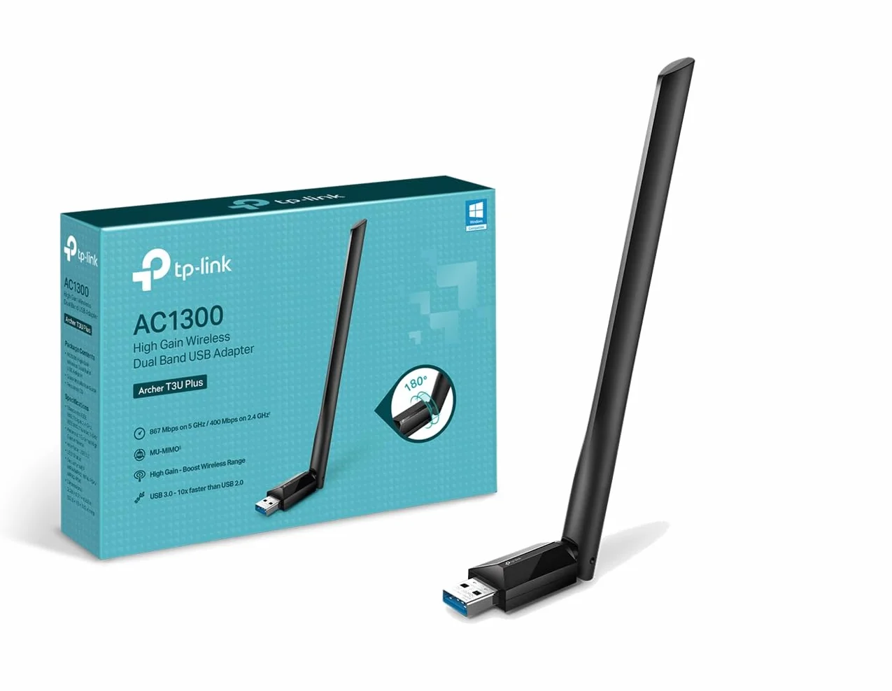 TP-Link Archer T3U Plus – Adapter Wi-Fi USB AC1300 z anteną o wysokim zysku (867Mb/s + 400Mb/s), USB 3.0, MU-MIMO – do komputerów stacjonarnych i laptopów