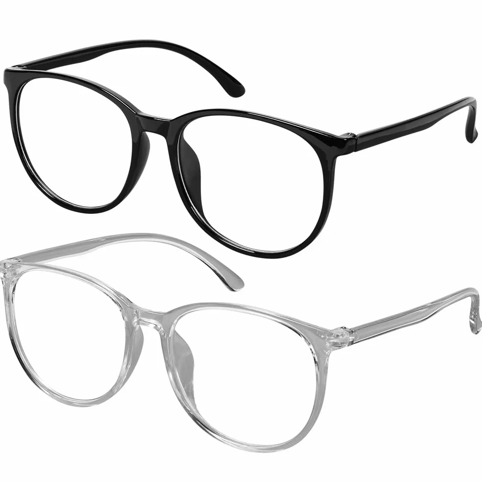 Aomig Okulary blokujące niebieskie światło, 2 szt., okrągłe oprawki, bez stopni, do gier, dla kobiet i mężczyzn, lekkie, do czytania, antyodblaskowe, na zmęczenie oczu, przezroczyste, różowe, białe