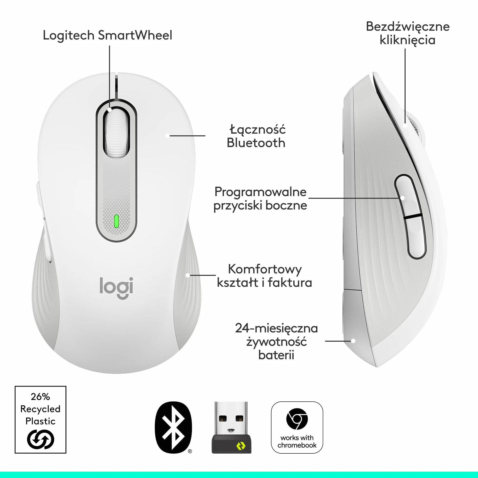 Logitech Signature M650 Trådlös Mus Vit Bluetooth 2 års batteri tysta klick