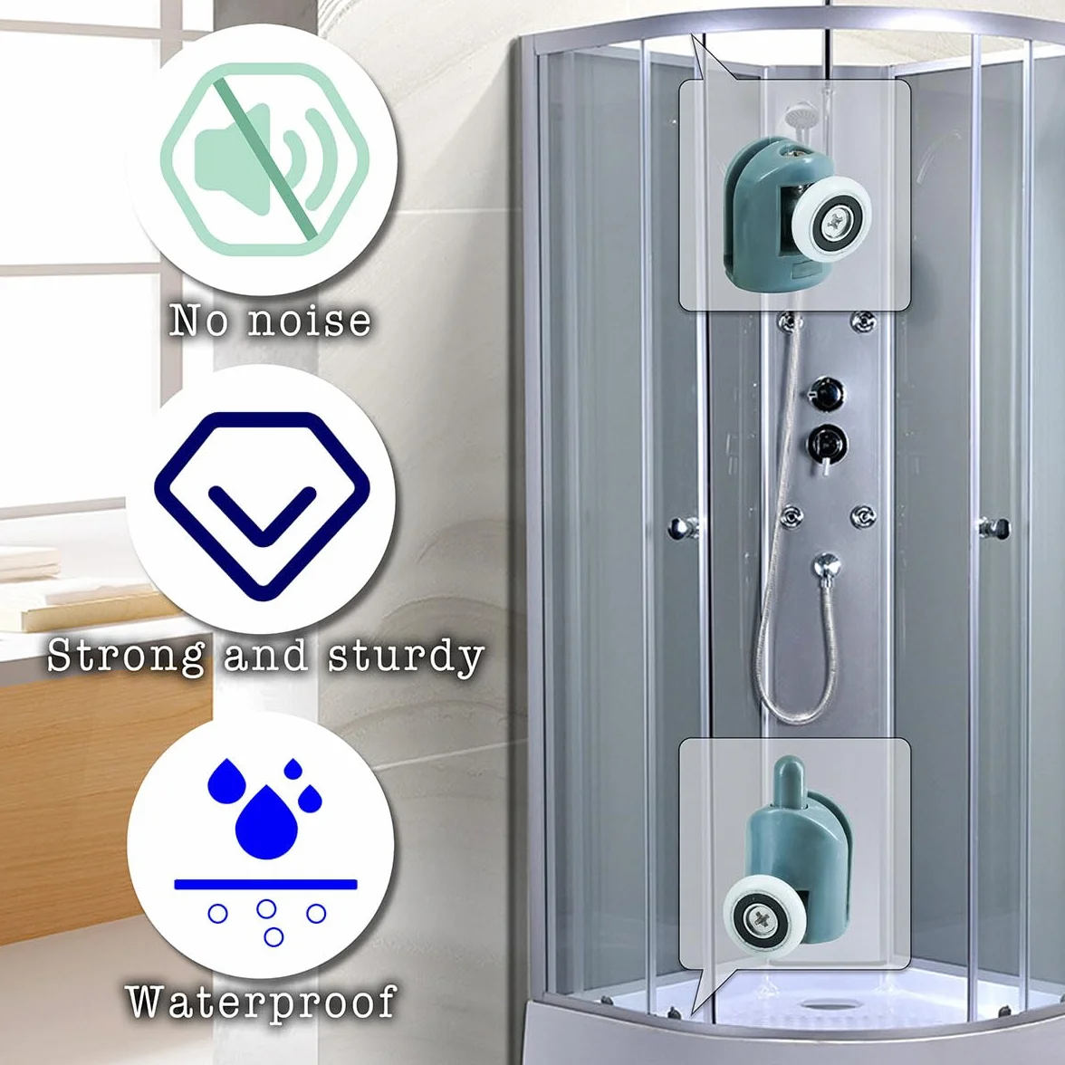 Selyse Zestaw 8 rolków do drzwi prysznicowych, koła pojedyncze 23mm, 4 górne i 4 dolne rolki do drzwi przesuwnych prysznica, części zamienne do kabin prysznicowych i zasłon prysznicowych