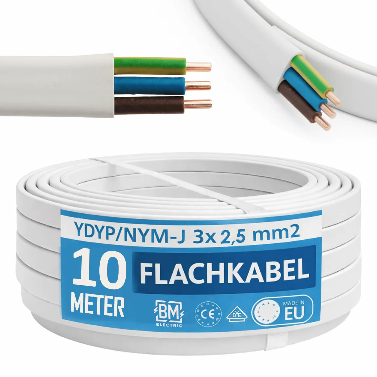 YDYp płaski kabel instalacyjny NYM-J 3 × 2,5 mm², profile 11 × 6 mm, konduktorzy miedziane 300/500 V, szara blacha PCW, instalacja stała do pomieszczeń suchych/parowych/mokrych, kolorowe