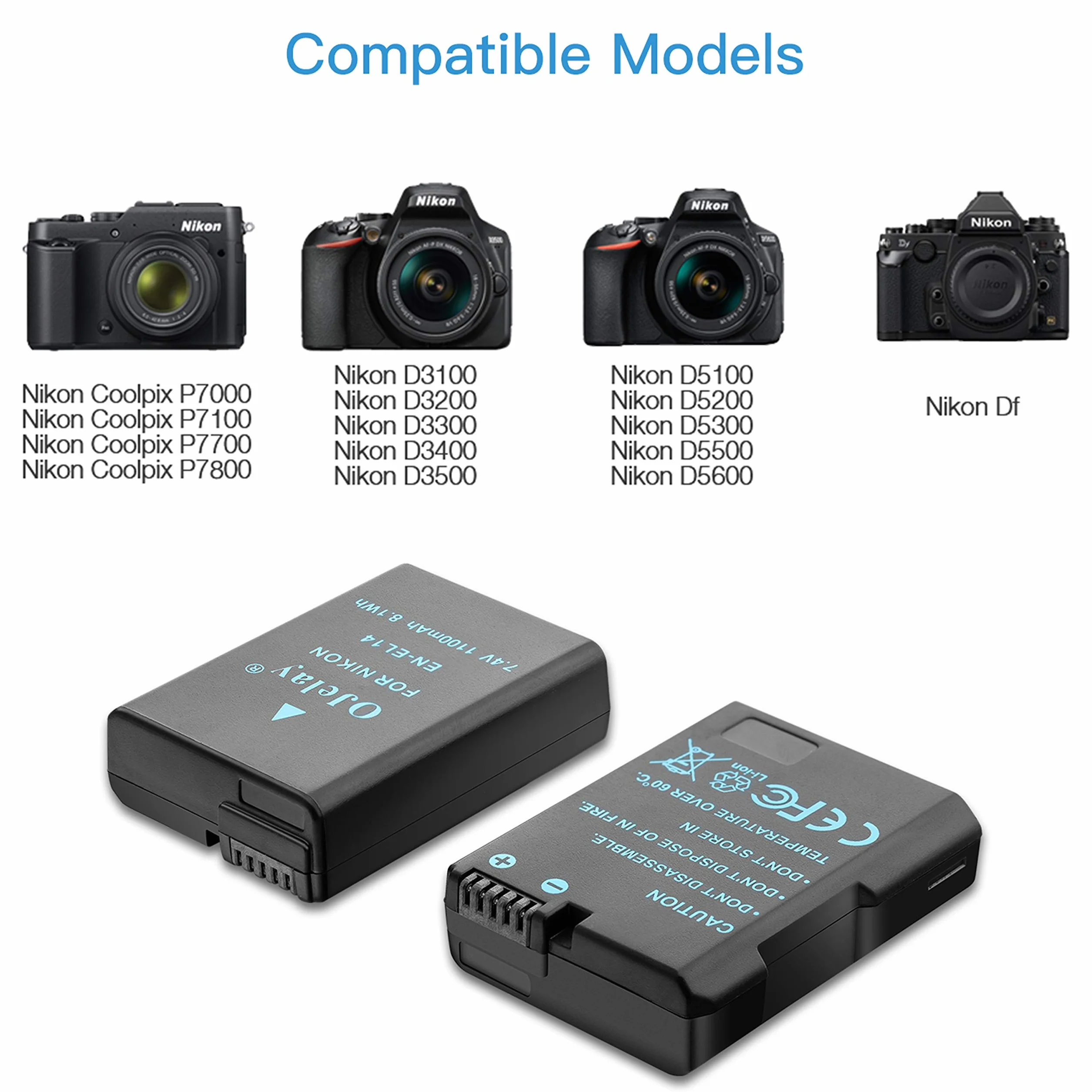 OJelay EN-EL14 1100 mAh akumulator zastępczy 2 sztuki do aparatu Nikon D3100 D3200 D3300 D3400 D3500