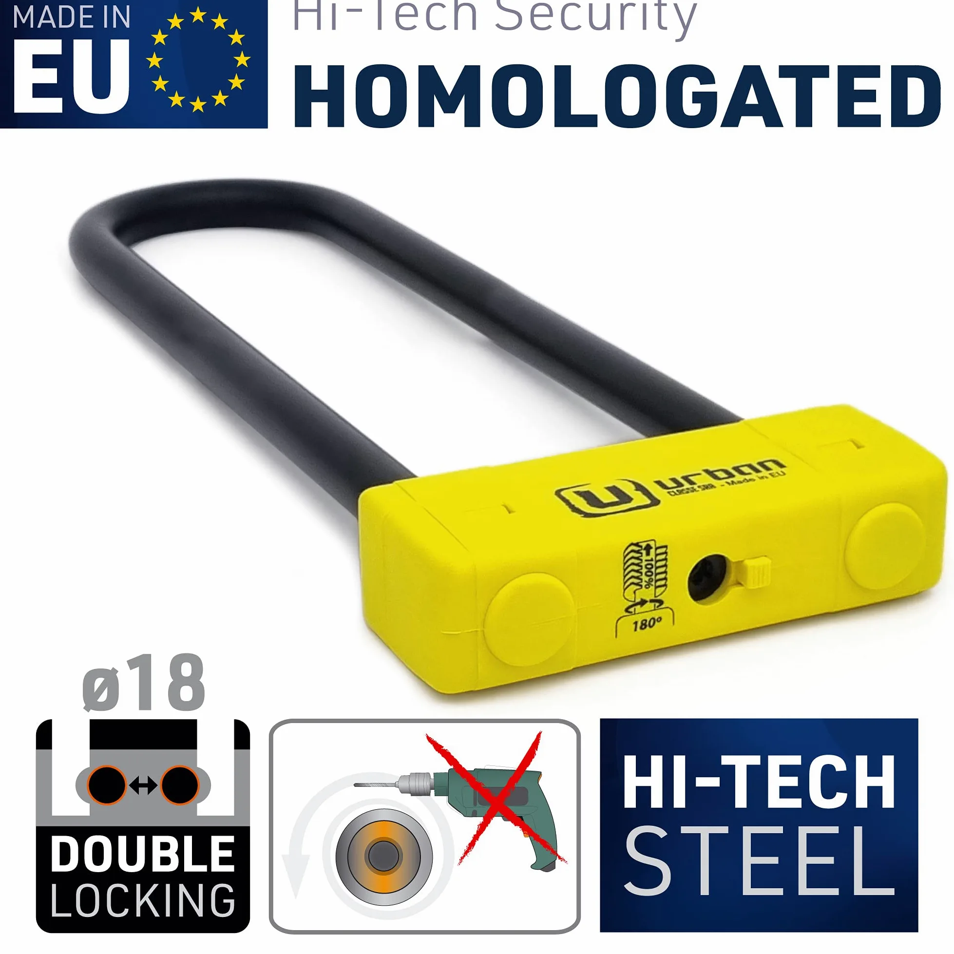 Urban Security UR85300Y zamek pałąkowy zabezpieczający przed kradzieżą, wysokie bezpieczeństwo, homologacja, podwójna blokada ø18, wyprodukowano w UE, 85 x 300 cm