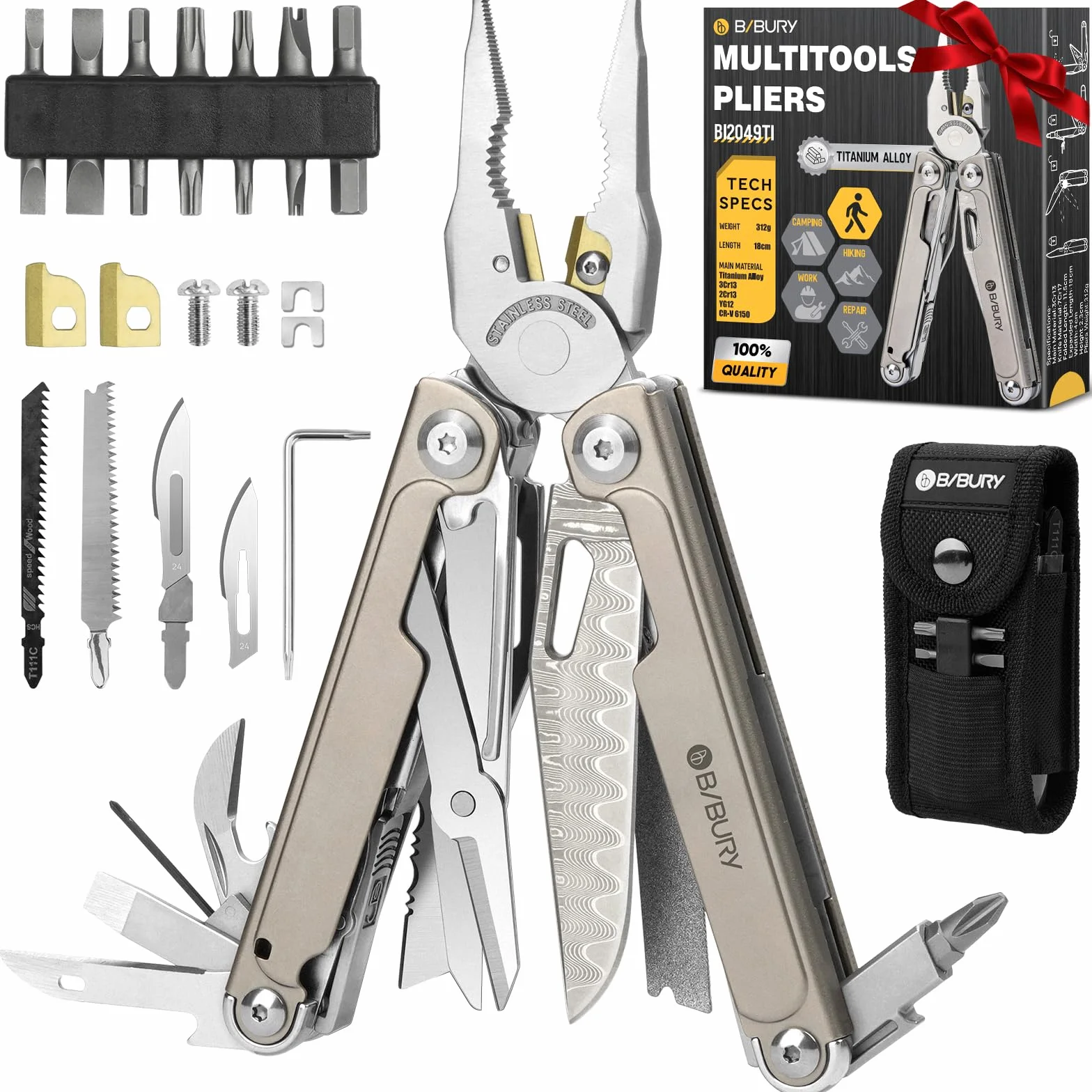 BIBURY Multitool Tytan & Stal Damasceńska,Multitool z Kombinerkami