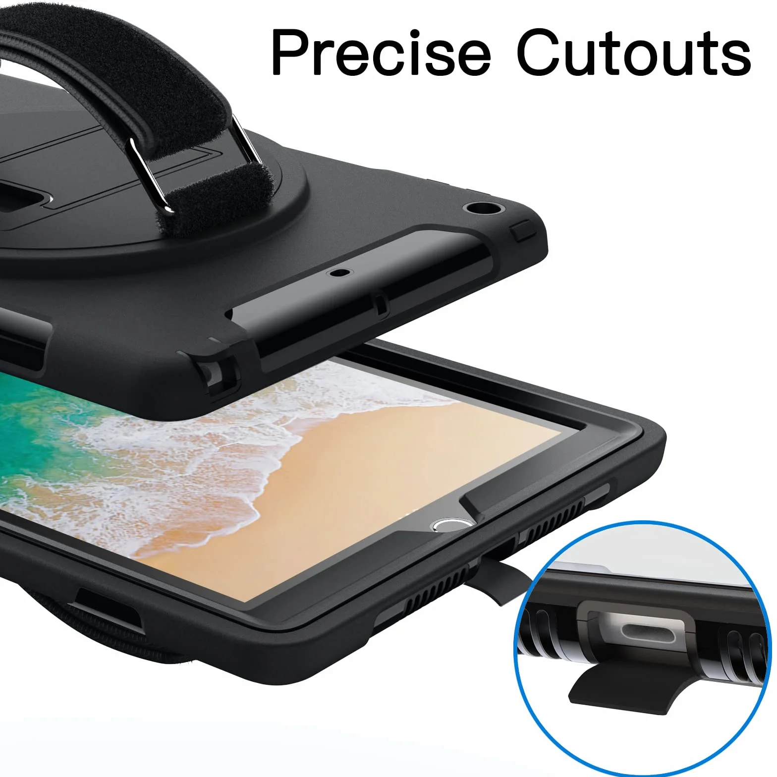 JETech Étui dla iPad 9,7 Cala (6./5. Generacji, Model 2018/2017) z Wbudowanym Ochrona Ekranu, Odporny na Wstrząsy Wytrzymała Tablet Case, Obrotową Podpórką 360 z Paskiem na Rękę (Czarny)