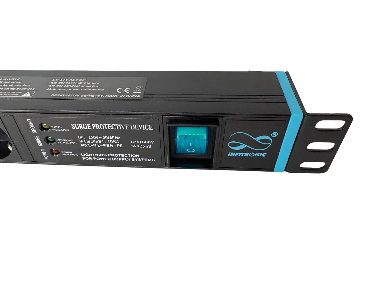 Infitronic - INSV1023 – 19 cali PDU 1HE listwa zasilająca z 6 gniazdami, rozdzielacz prądu z ochroną przed przepięciem + wskaźnik prądu