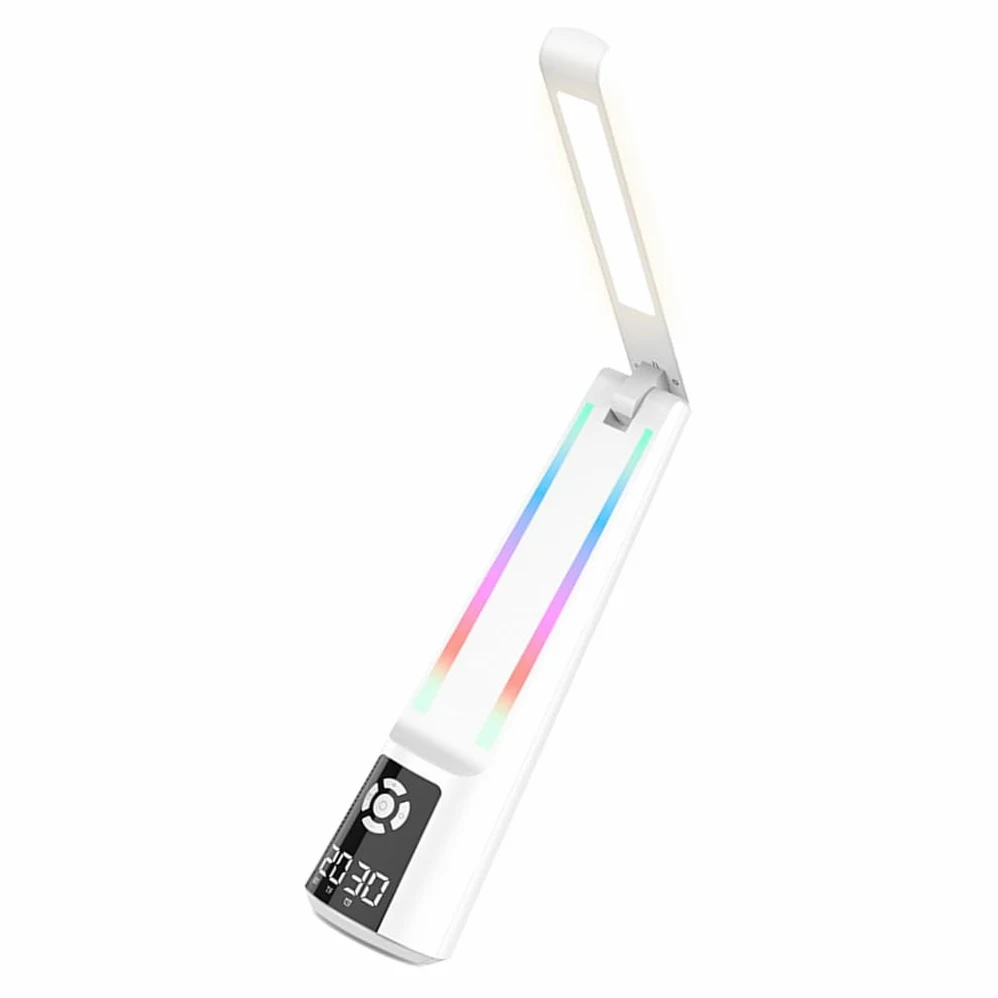 Wielofunkcyjna ściemniana lampa do nauki, składana lampa biurkowa LED z budzikiem i głośnikiem, przenośna lampka nocna do akademika