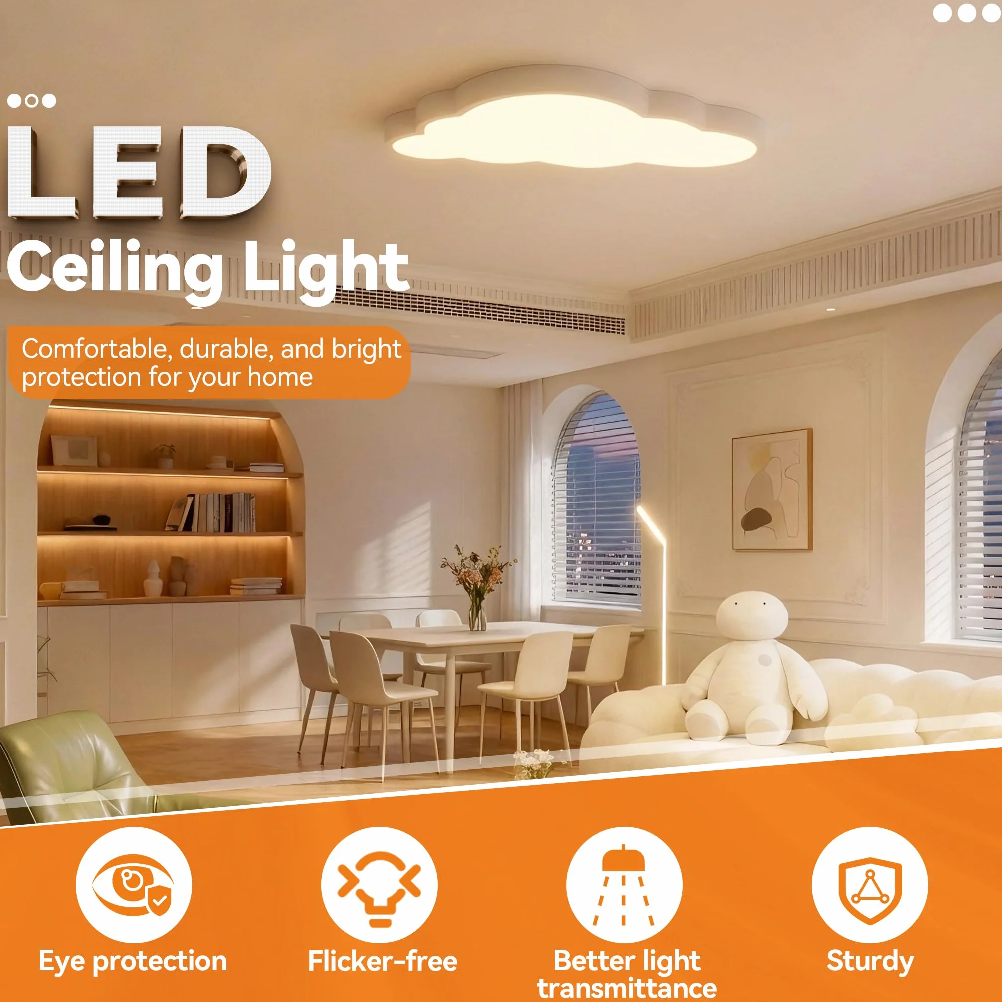 LZQ Lampa sufitowa LED, 48 W, do pokoju dziecięcego, ściemniana, chmury, lampa sufitowa, lampa do salonu, sypialni, z pilotem