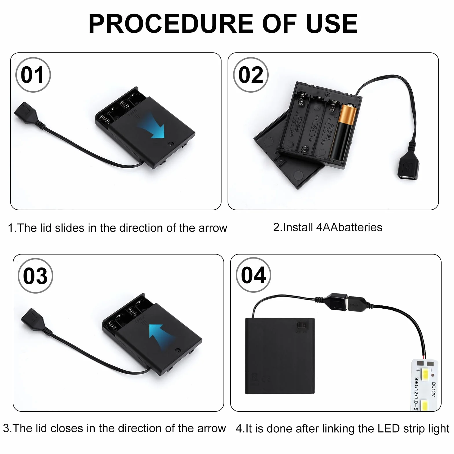 4 Sztuki Uchwytów na Baterie AA z Portem USB i Przełącznikiem, 6V, Tworzywo Sztuczne, 4 x 1,5V Pojemnik na Baterie do Samochodów RC LED