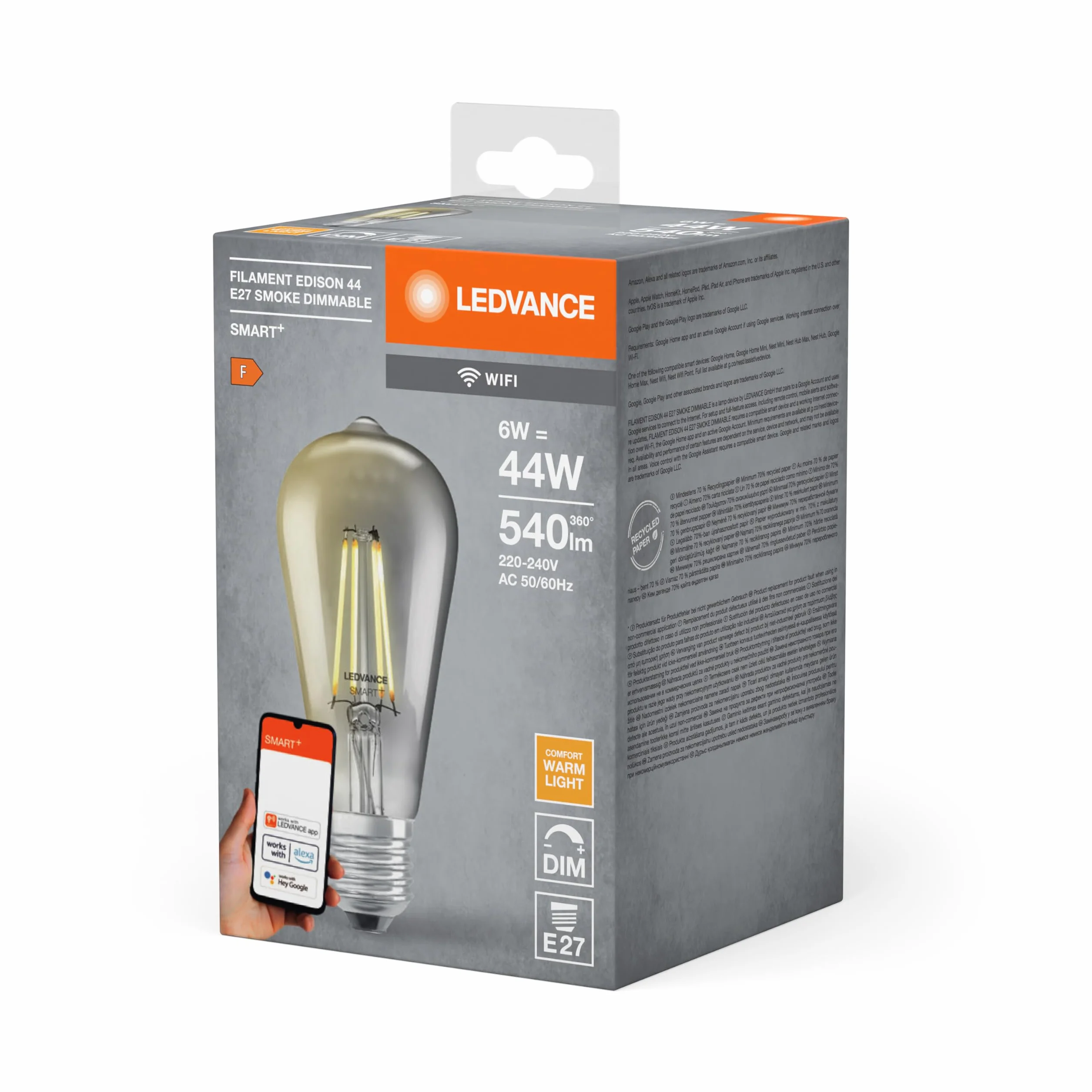 LEDVANCE Smart żarówka LED z Wifi, trzonek E27, ściemnianie, ciepła biel (2500K), kształt Edison, przezroczysty żarnik w przydymionym szkle, możliwość sterowania za pomocą Alexa, Google i aplikacji