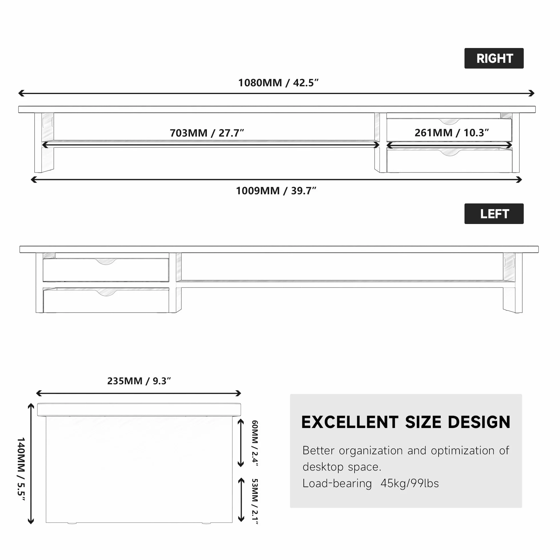 Fenge Podnośnik do dwóch monitorów 108 cm z szufladami akrylowymi dąb biały