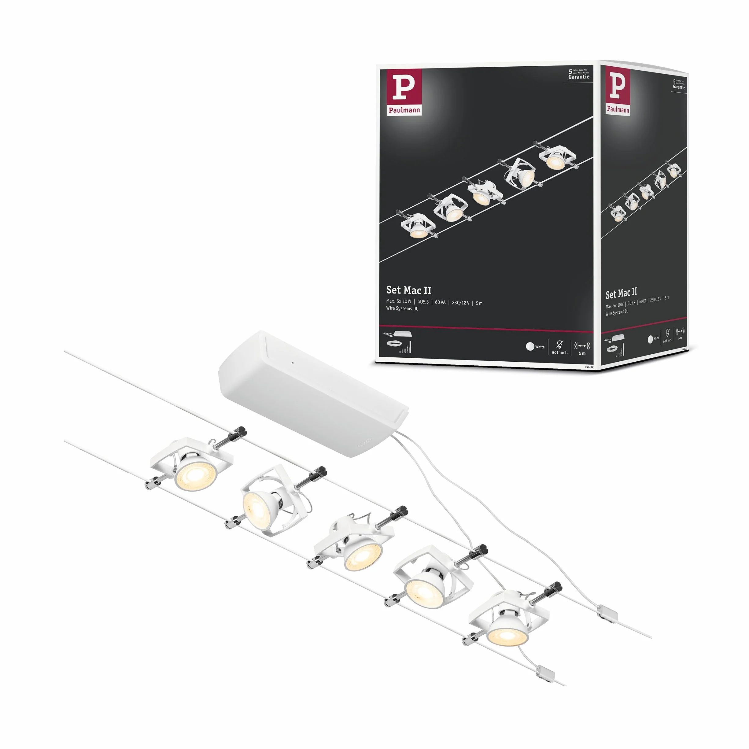 Paulmann 94432 CorDuo system linkowy Set Mac II DC maks. 5 x 10 W, z możliwością rozbudowy, biały mat, linka metalowa, system linkowy, G5,3, bez żarówek.