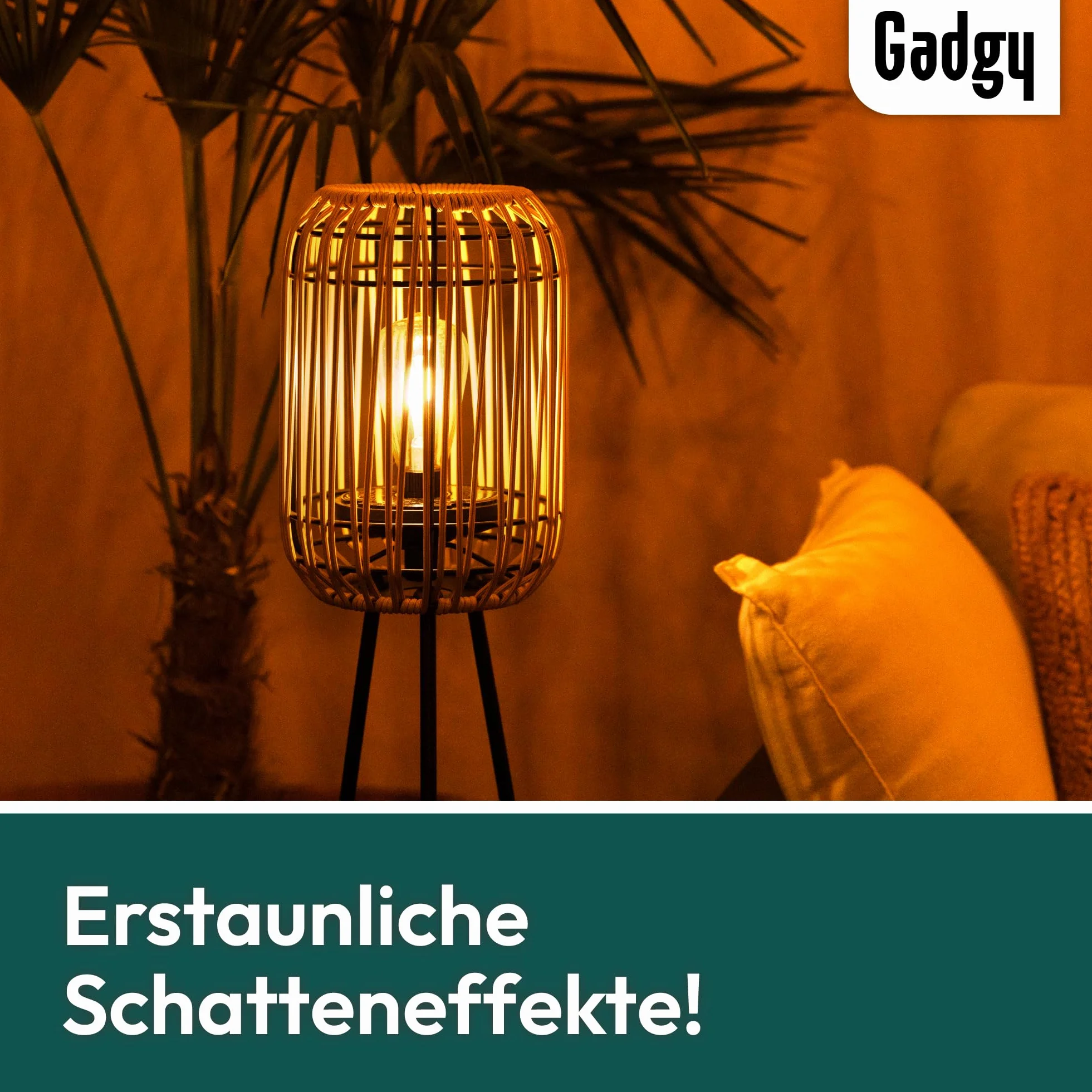 Gadgy Lampa Stojąca Solarna Na Zewnątrz - Rattanowa LED Na Trójnogu, Wodoodporna Lampa Ogrodowa Do Balkonu, Tarasu i Patio, Zrównoważone Dekoracyjne Oświetlenie Zewnętrzne