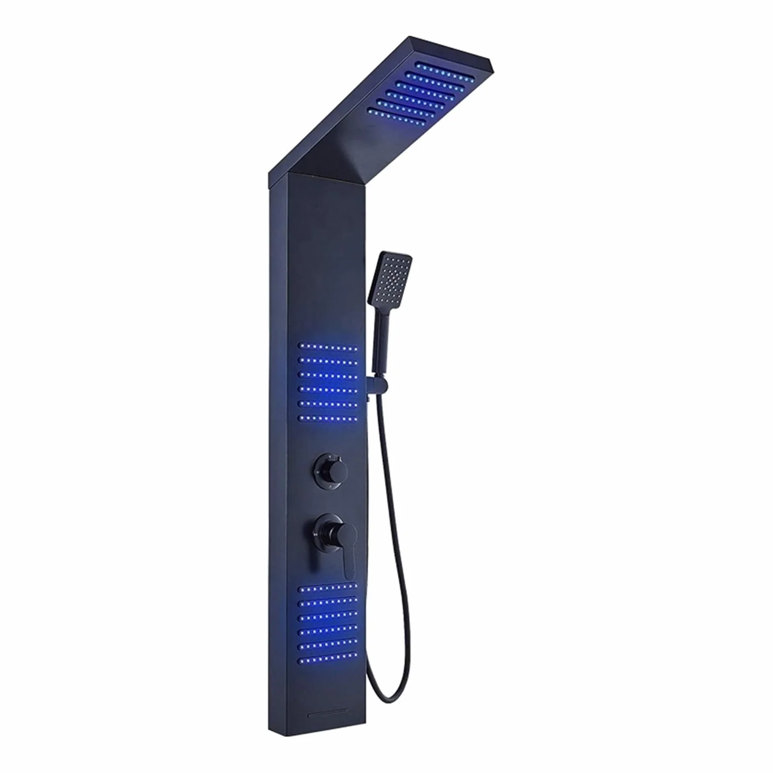 Wodospad czarny zestaw kolumn prysznicowych dysze typu Tower Body Jets, systemy paneli prysznicowych Led, panel prysznicowy łazienka naścienna ze stali nierdzewnej