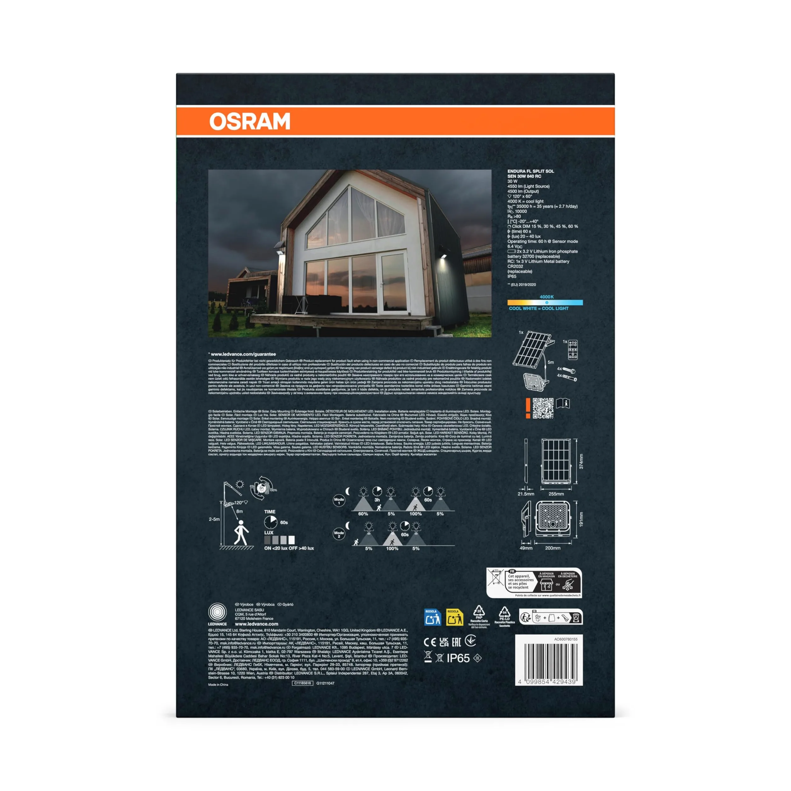 OSRAM LED-Solar-Außenleuchte Endura Outdoor schwarz mit Flutlicht und Solar-Panel, 5 m langes Kabel, mit Fernbedienung und PIR-Bewegungsmelder, 30 W, 4500 lm, 840, 4000 K Lichtfarbe, EEK A | ENDURA Flood Split Solar Sensor, Outdoor Lanterns, czarny, 35000