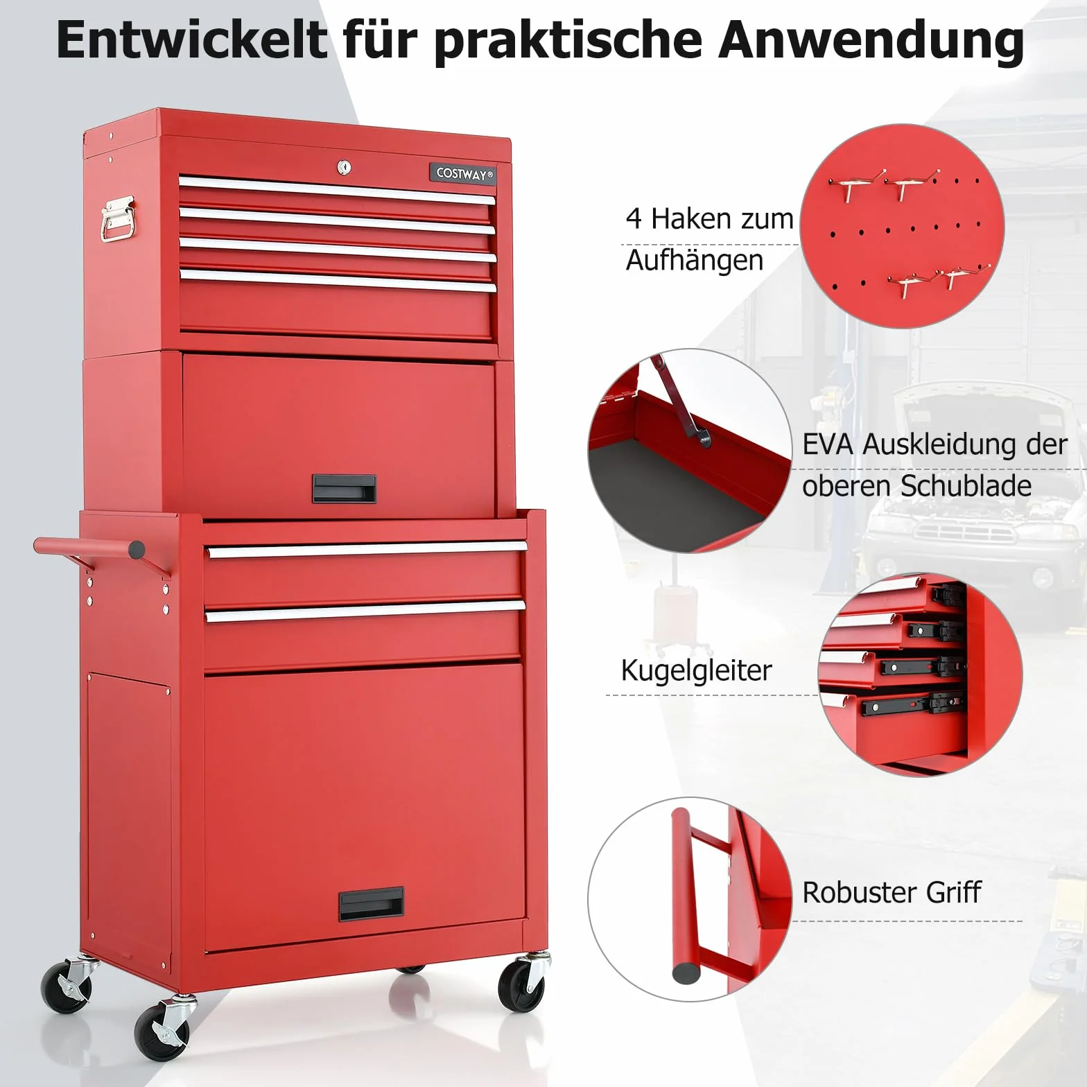 COSTWAY 2 w 1 wózek warsztatowy z walizką i 9 przegródkami i haczykami, zamykany wózek narzędziowy na kółkach bez narzędzi, profesjonalny metalowy wózek warsztatowy, 61,5 x 33 x 132 cm (czerwony)