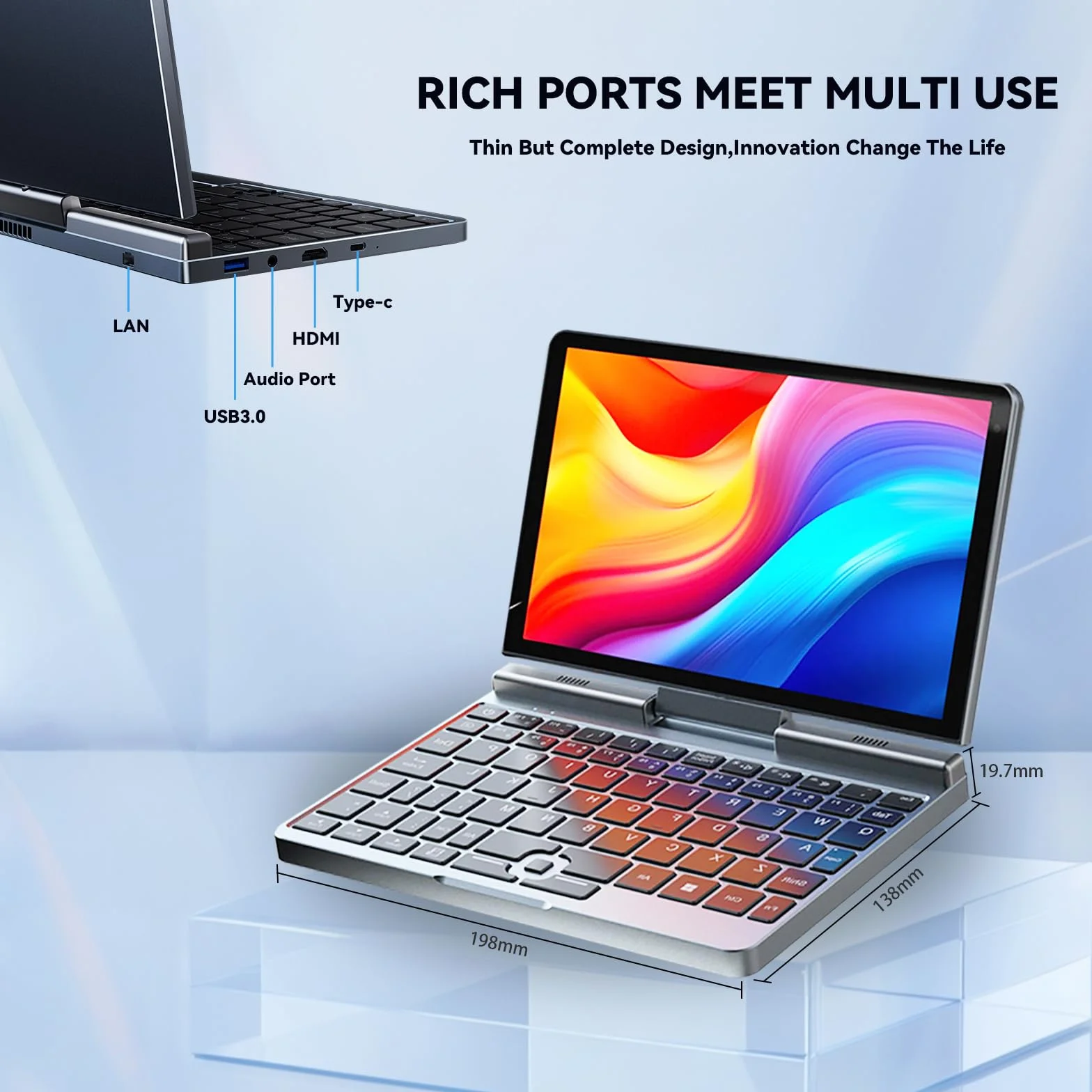Mini laptop 8-calowy, 2 w 1, Win 11, dotykowy ekran HD, obrotowa kieszonka na pismo, 12 GB RAM, 512 GB SSD, podświetlana klawiatura, N150, 2MP kamera, WiFi 6, BT5.2