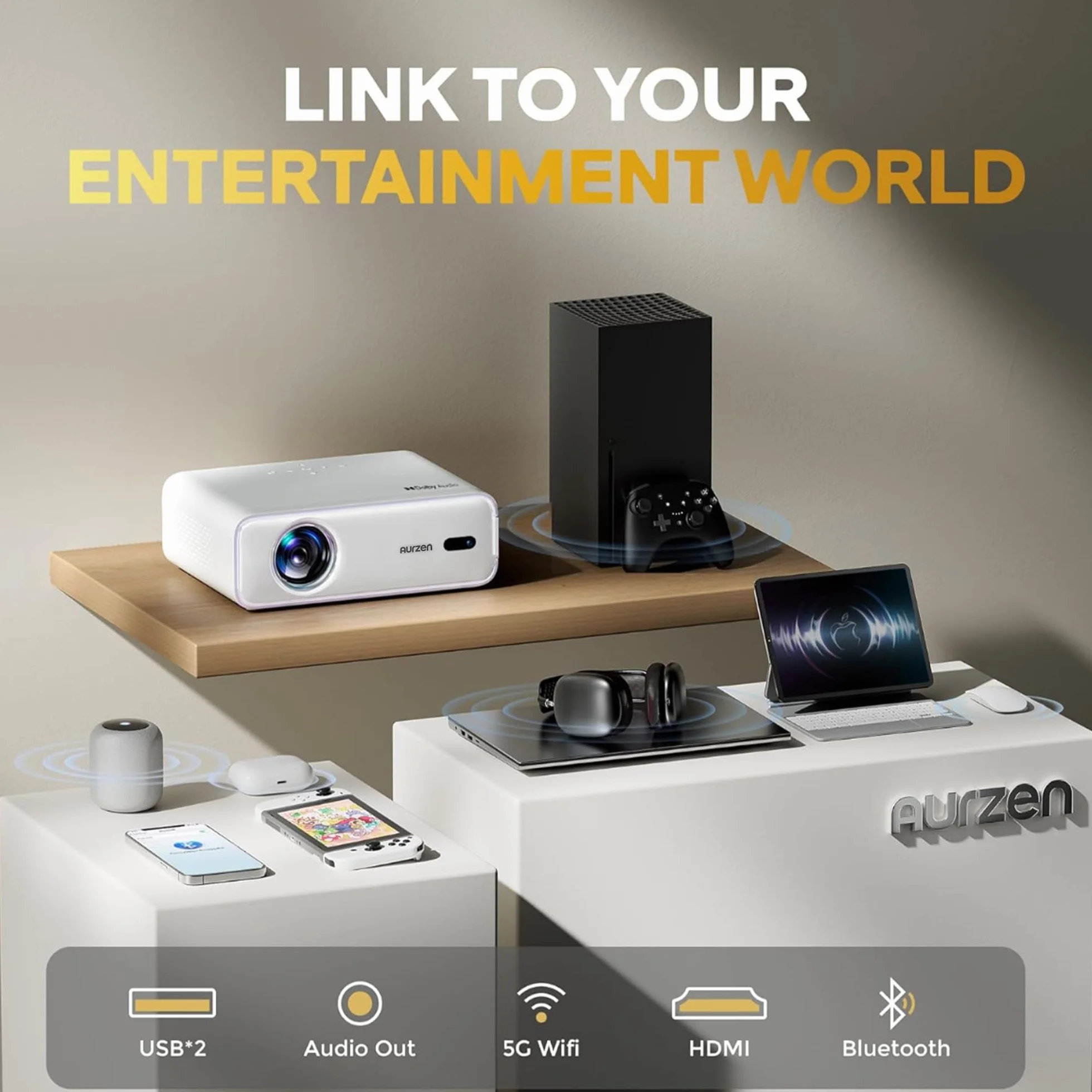 NetfIix oficjalnie i DoIby Audio] Aurzen Eazze D1 4K obsługiwany inteligentny projektor z automatyczną ostrością i automatycznym keystone, 50% zoomem, HDR 10, 60 Hz przenośny projektor do iOS/Android