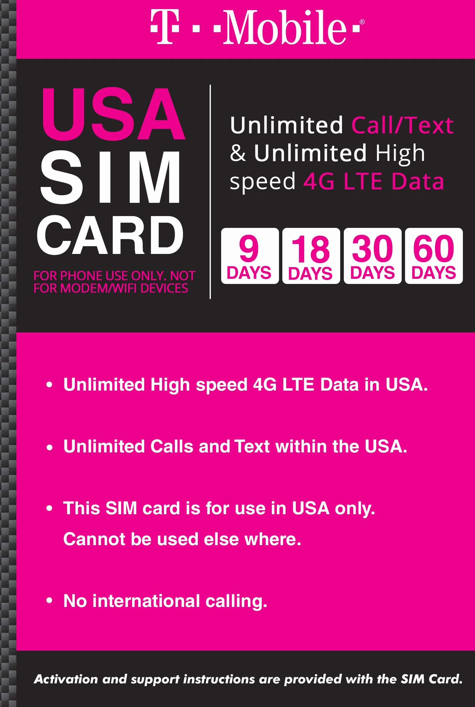 T-Mobile USA Prepaid Travel SIM Card 4G LTE Unlimited Call SMS Data 30 dni