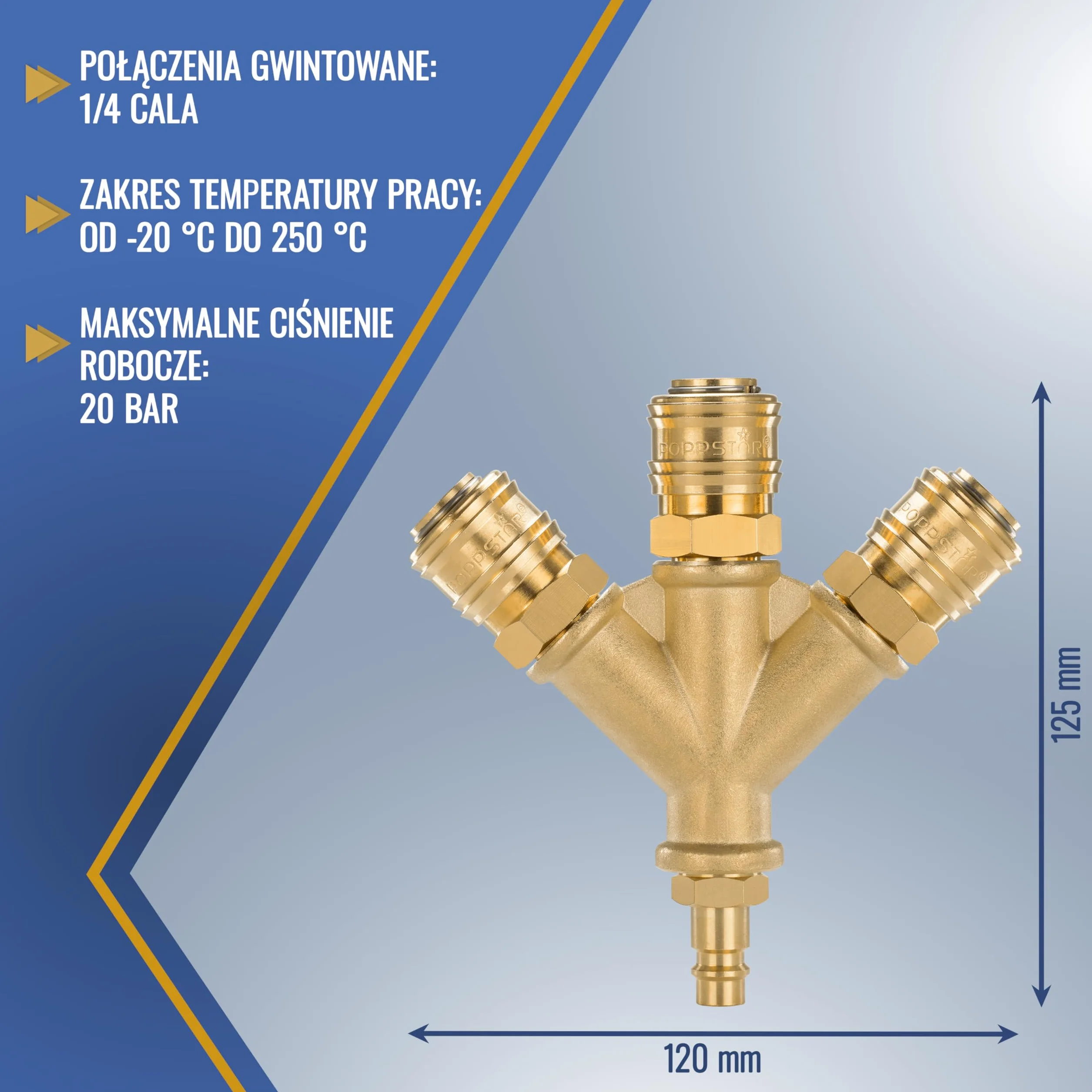 Poppstar 3-krotny rozdzielacz sprężonego powietrza z szybkozłączkami 1/4" (standardowe przyłącza sprężonego powietrza NW 7.2)