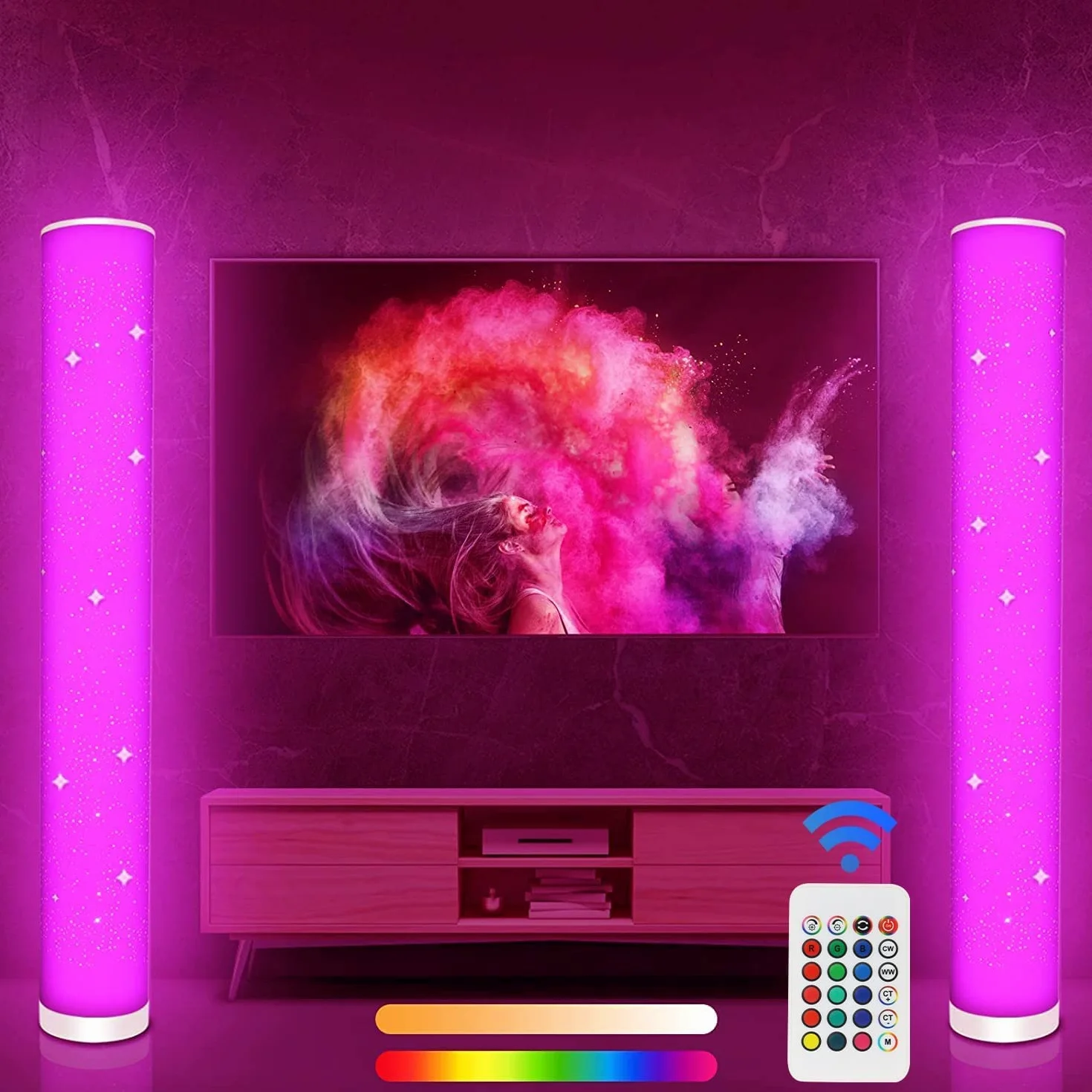 Lacasa Inteligentna Lamp Podłogowych LED, 2 Szt Narożna Lampa Światło Białe i Zmieniające Kolor RGB z Pilotem, Ściemniane Lampy Stojące na Kolumnach Lampy Nastrojowe do Salonu, 10W, Wysokość 104cm