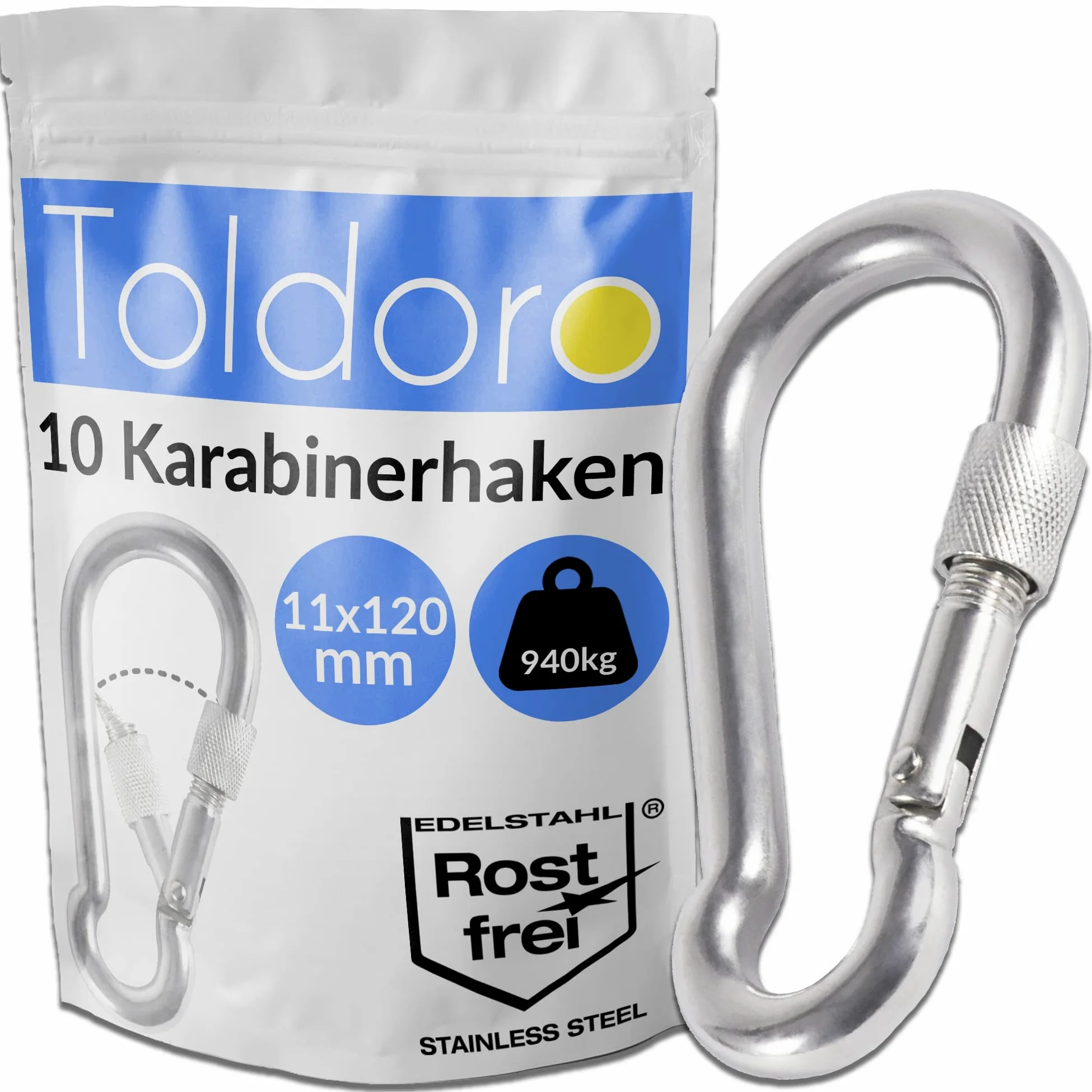 Toldoro 10 x karabińczyk ze stali nierdzewnej z zamknięciem zabezpieczającym, karabińczyk 120 mm, karabińczyk do zamocowania, karabińczyk ze stali nierdzewnej z zamknięciem