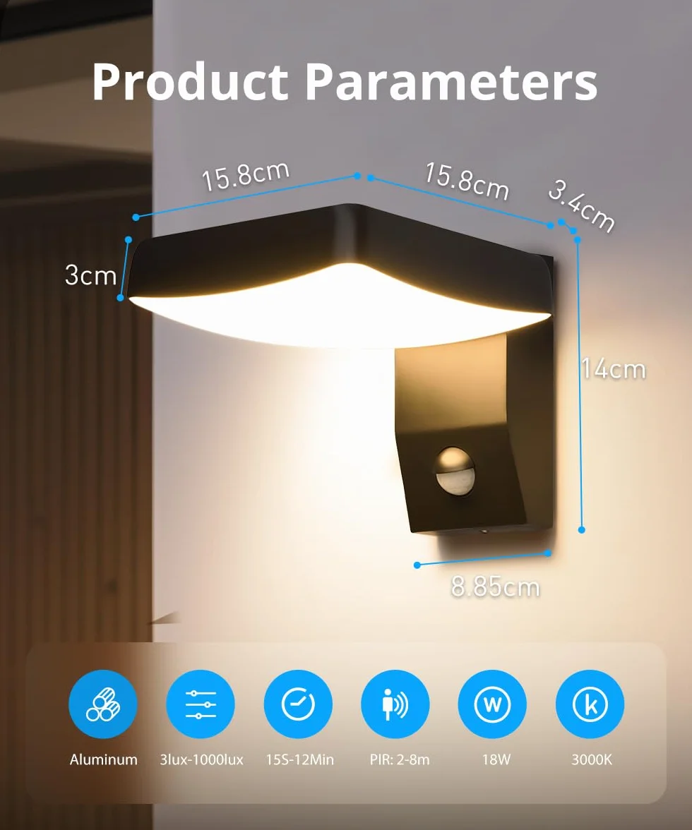 Bojim IP65 18W zewnętrzna lampa ścienna z czujnikiem ruchu, kinkiet z regulowaną wiązką, kwadratowa lampa ścienna ciepła biel 3000K lampa zewnętrzna do korytarza ogrodowego taras