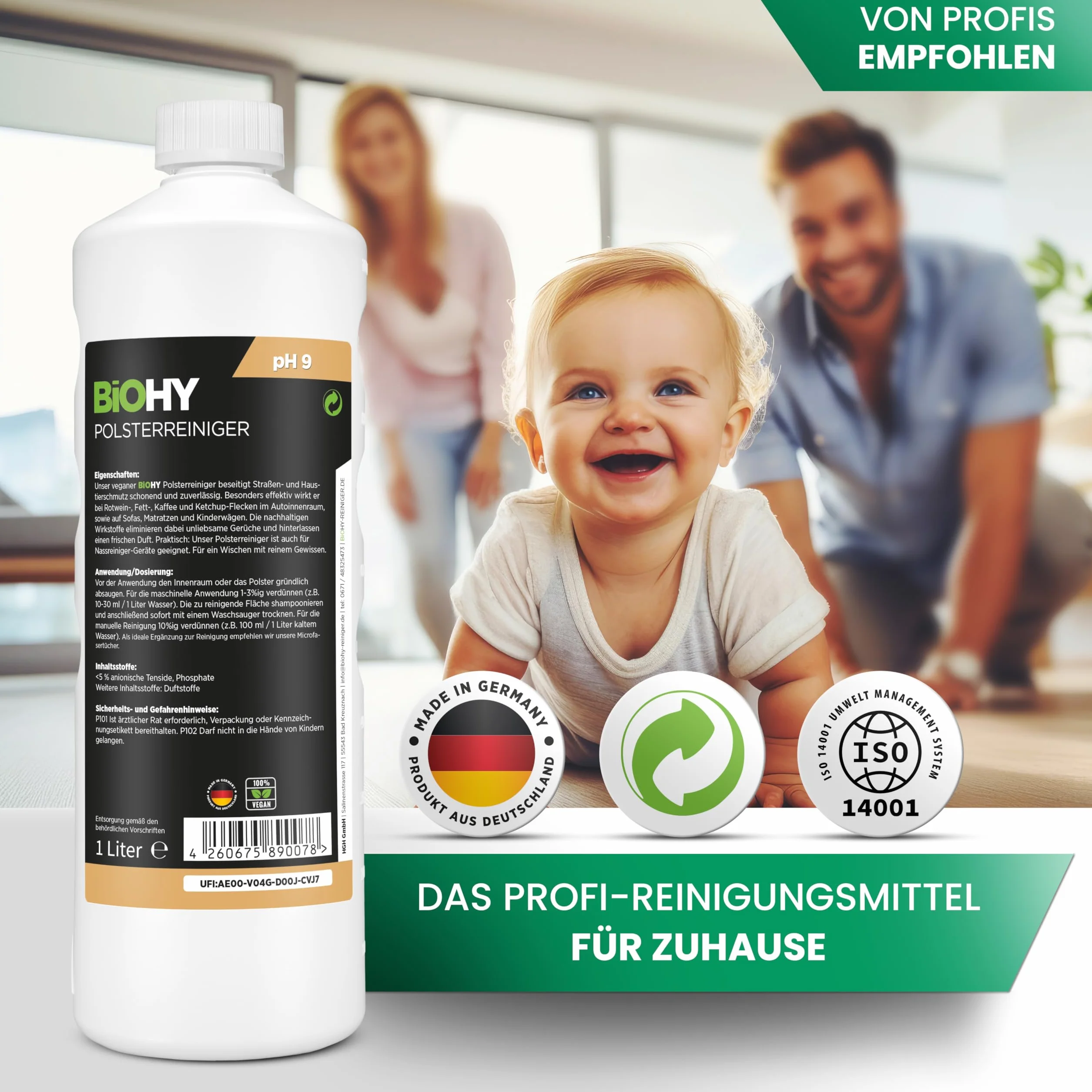 BiOHY środek do czyszczenia tapicerki (butelka 1l) | Idealny do sof, tapicerki, dywanów i tekstyliów | Nadaje się również do odkurzaczy | Usuwa wszelkie plamy (Polsterreiniger)