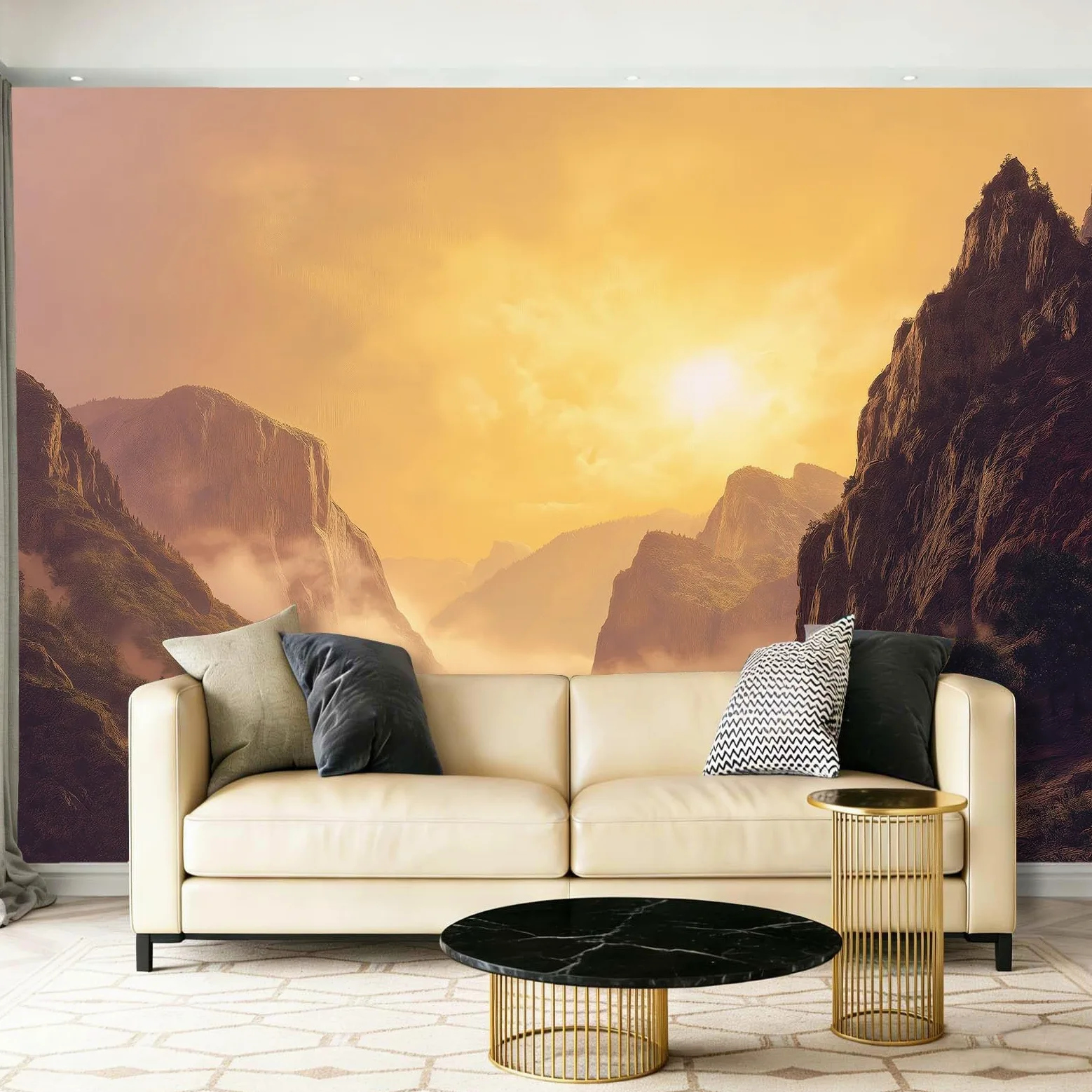 Fototapeta Naturalne Góry Słońce Krajobraz Fotografia Mural Sypialnia Pokój dziecięcy, 300 x 210 cm Fototapeta Artystyczna, Żółta Brązowa
