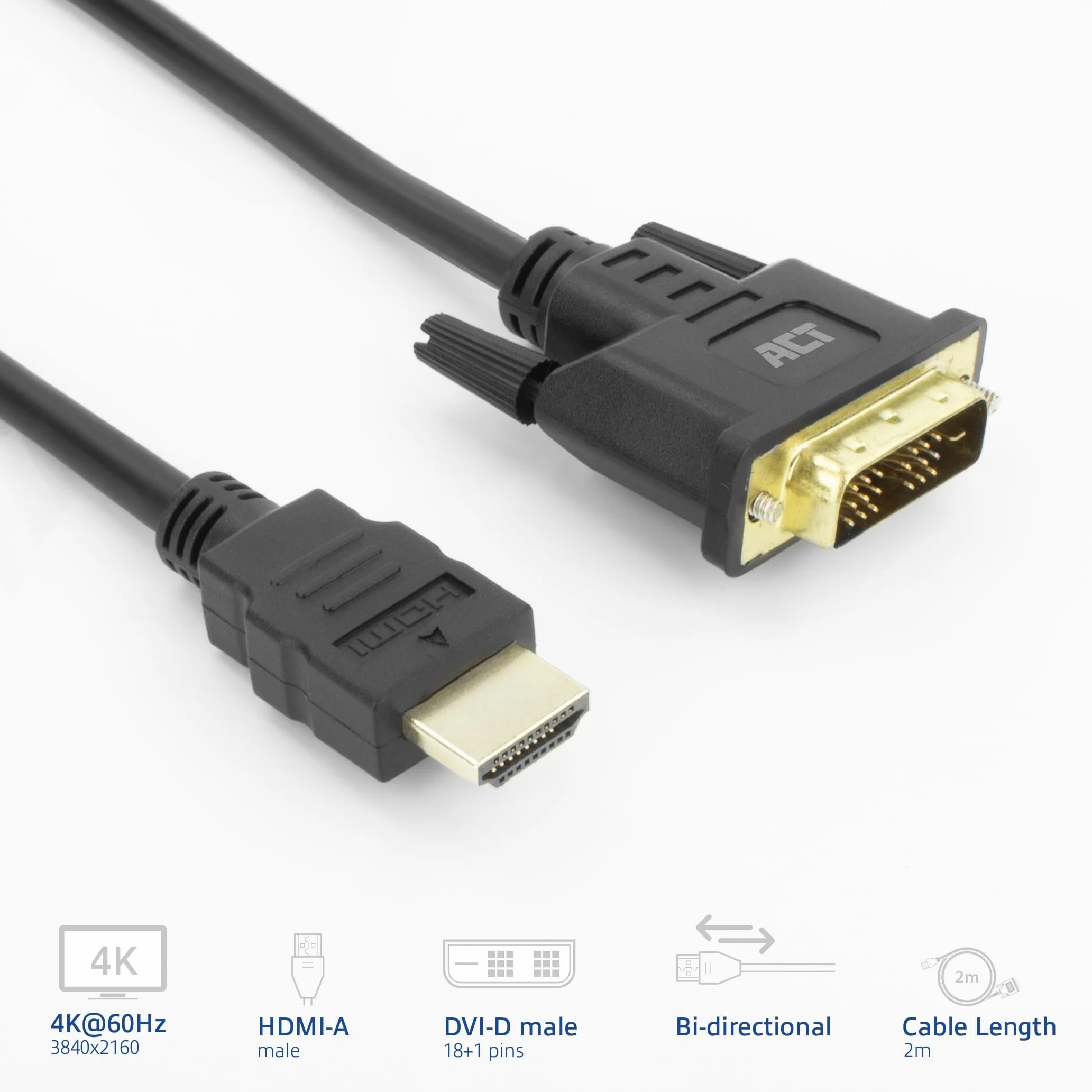 ACT Kabel HDMI na DVI 2 m, 4K 60 Hz, dwukierunkowy adapter HDMI DVI (DVI-D 18+1 pin) wtyczka na wtyczkę, pozłacana, do podłączenia monitora DVI – AK3735