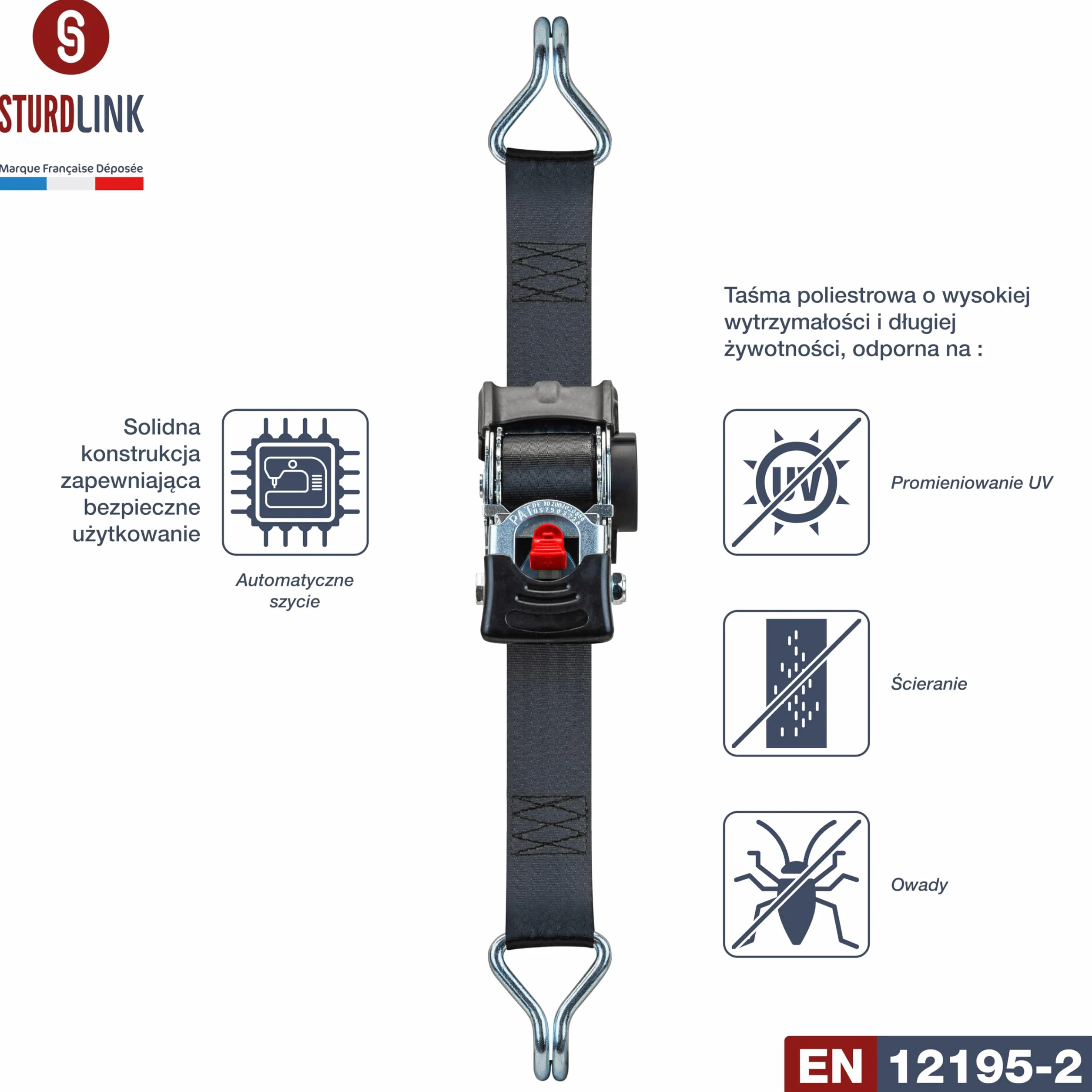 Taśmy z grzechotką Sturdlink 50 mm z automatycznym zwijaczem taśmy, długość 3 m LC 750daN / 1500 daN, haki stalowe | Idealne do przyczep, pojazdów użytkowych, motocykli, quadów, samochodów.