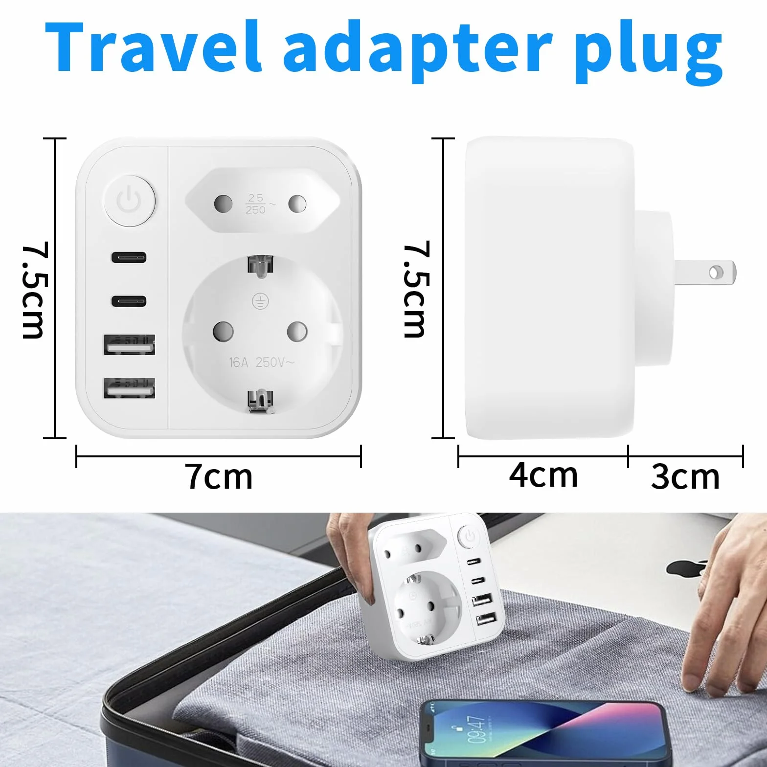 Adapter podróżny 2500 W 2 USB A USB C Schuko typ A do Japonii USA Kanady biały