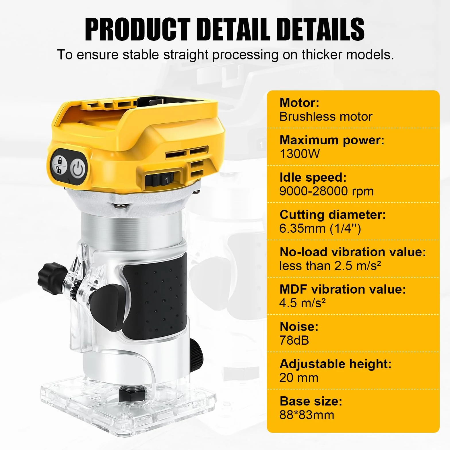 Wytłaczarka do drewna kompatybilna z akumulatorem Dewalt 18 V, 1300 W, bezprzewodowy elektryczny frez do drewna z 6 prędkościami