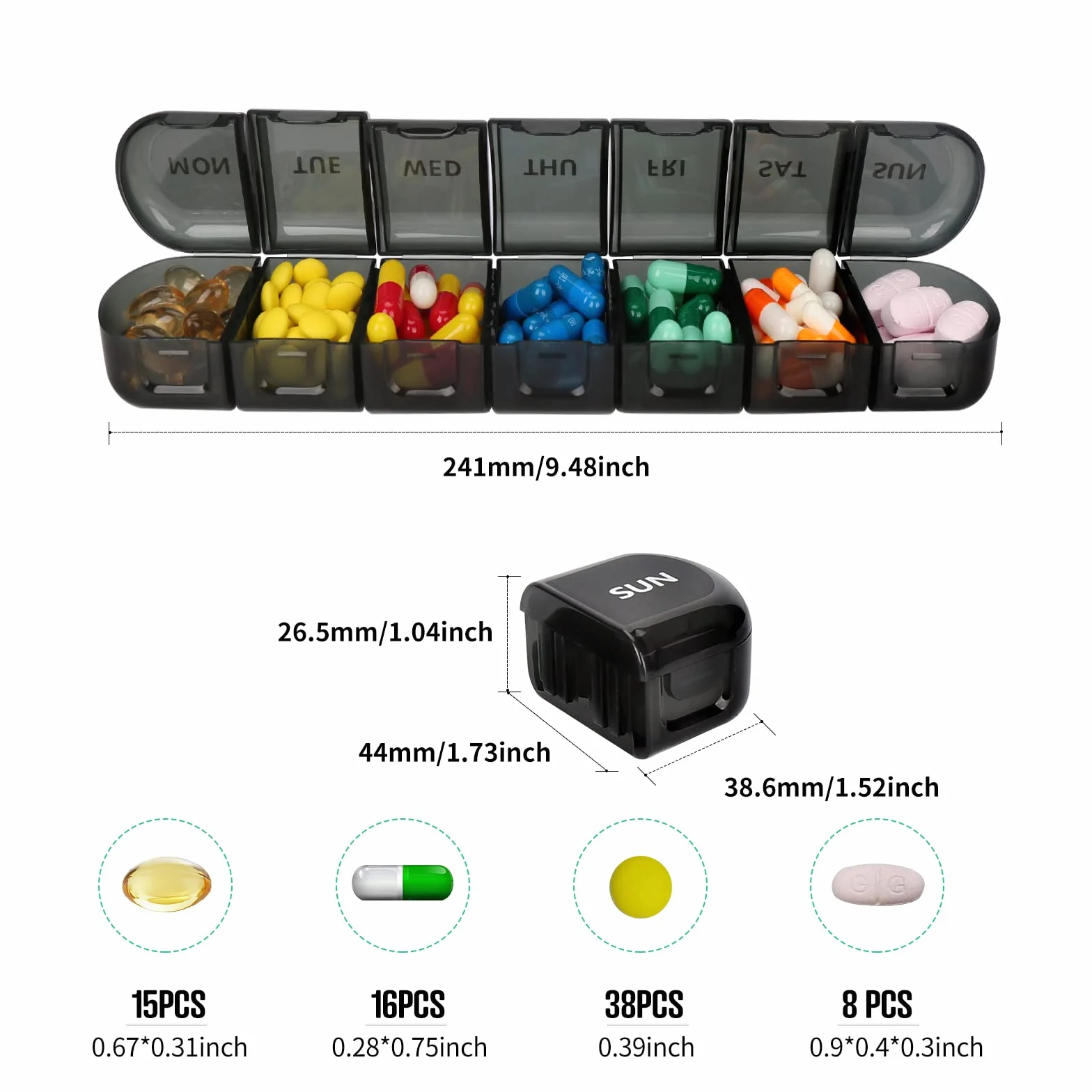 Collazoey 7-dniowe pudełko na tabletki, 7 przegródek, wyjmowane, podróżne pudełko na leki, suplementy diety, witaminy