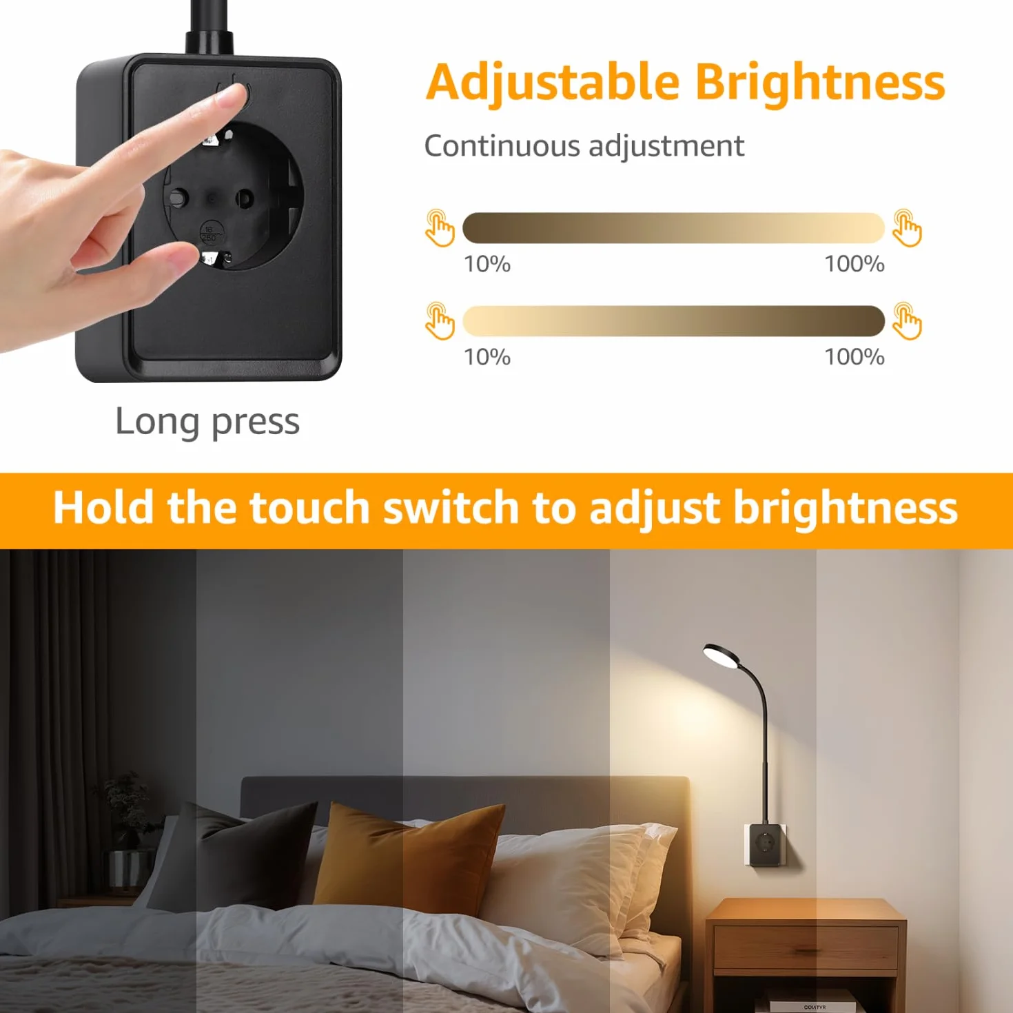 Aigostar Lampka do Czytania LED do Kontaktu - Kinkiet z Gniazdem Elektrycznym 230V, Porty USB A i Typu C, Sterowanie Dotykowe, 3 Barwy Światła, Elastyczne Ramię 360°, do Sypialni, Czarny