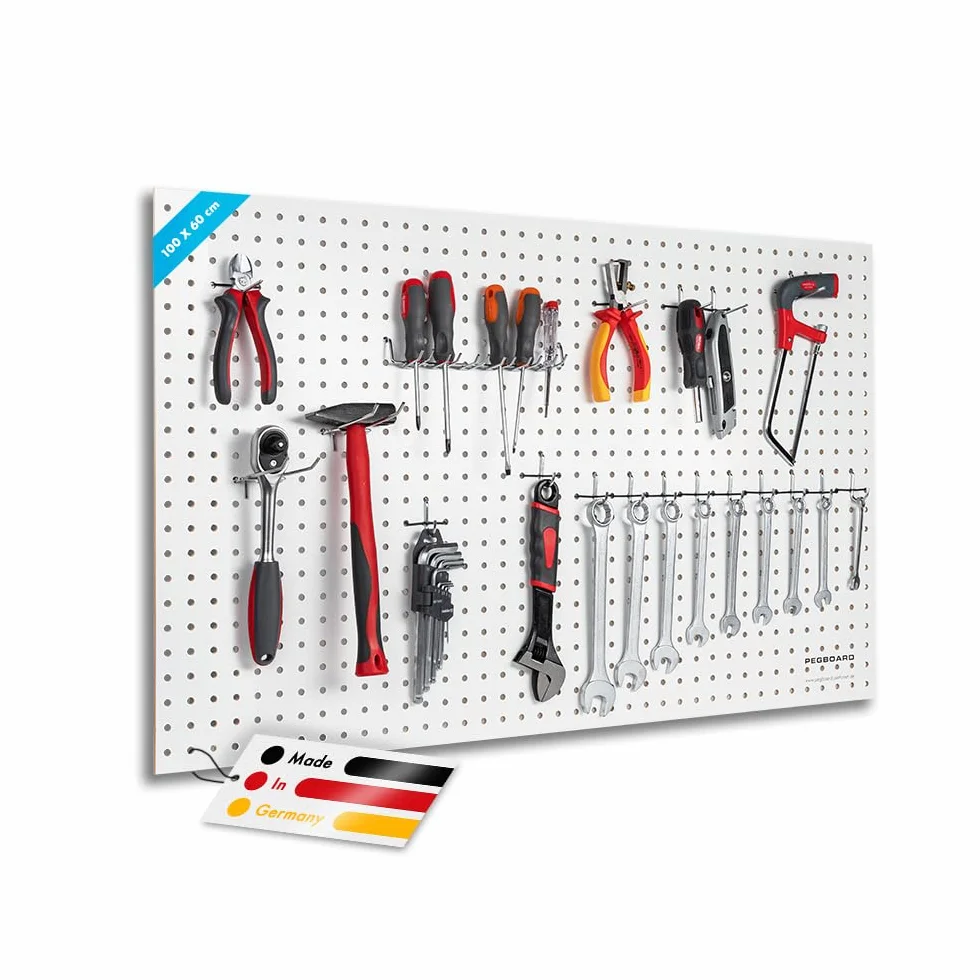 Pegboard MIDI 1 sztuka ściany narzędziowej z drewna (MDF) 100 x 60 x 0,5 cm – otwór Ø 7 mm odstęp między otworami 25,4 mm – lakierowana na biało – Made in Germany