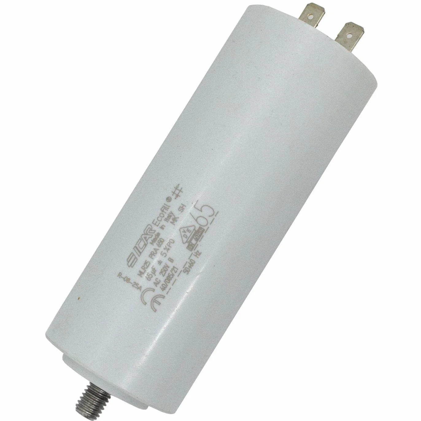Kondensator rozruchowy Kondensator silnika 65µF 250V 45x117mm WtyczkaX 6,3x0,8mm ICAR 65uF