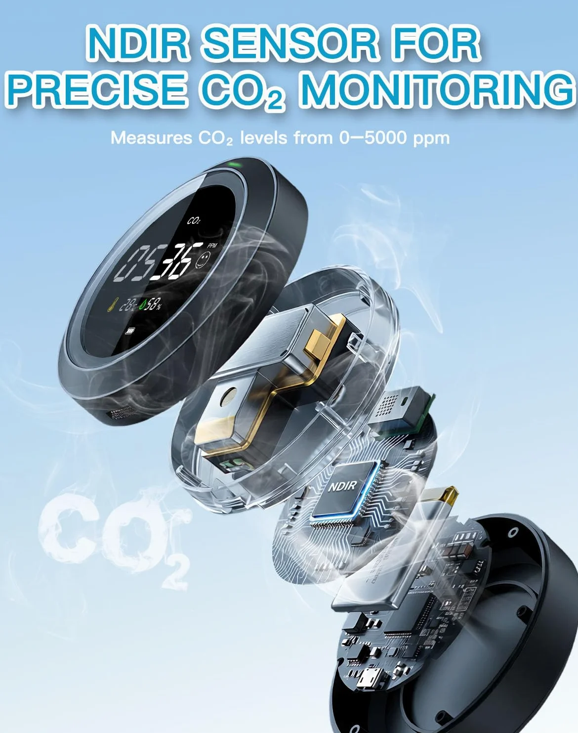 Miernik CO2 LifeBasis 3 w 1, czujnik dwutlenku węgla, pomiar temperatury, wilgotności i jakości powietrza, czujnik CO2 z wyświetlaczem LCD / 0-5000 PPM/precyzyjny czujnik NDIR, czarny, do biura