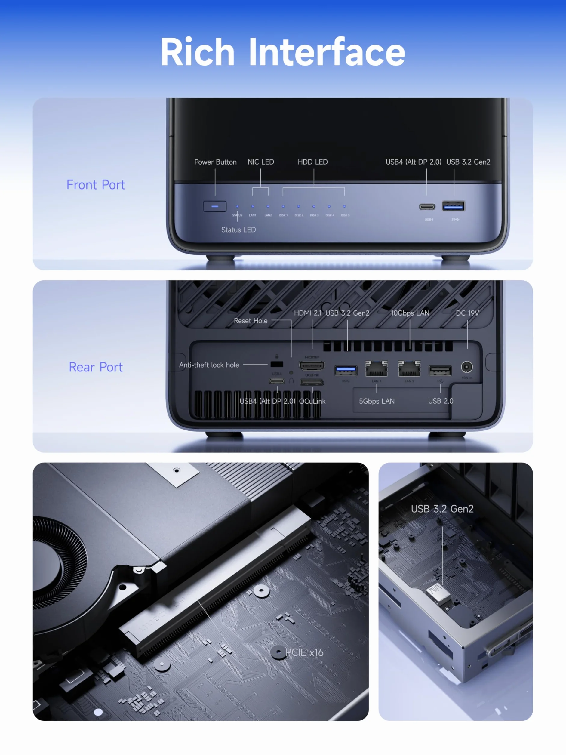 MINISFORUM N5 Air 5-Bay NAS Barebone AMD Ryzen 7 255 DDR5 96GB 10 GbE USB4 HDMI OCuLink M.2
