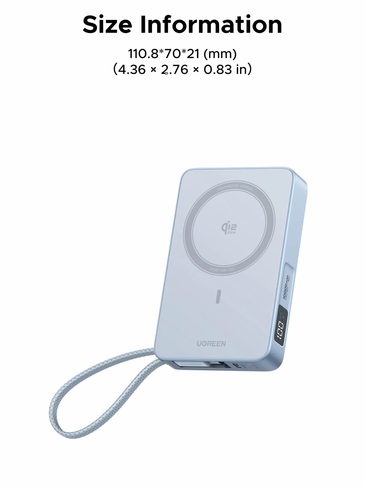 UGREEN MagFlow Magnetic Power Bank 10000mAh 25W Qi2 Magsafe z Wbudowanym Kablem USB-C i Wyświetlaczem LED Niebieski
