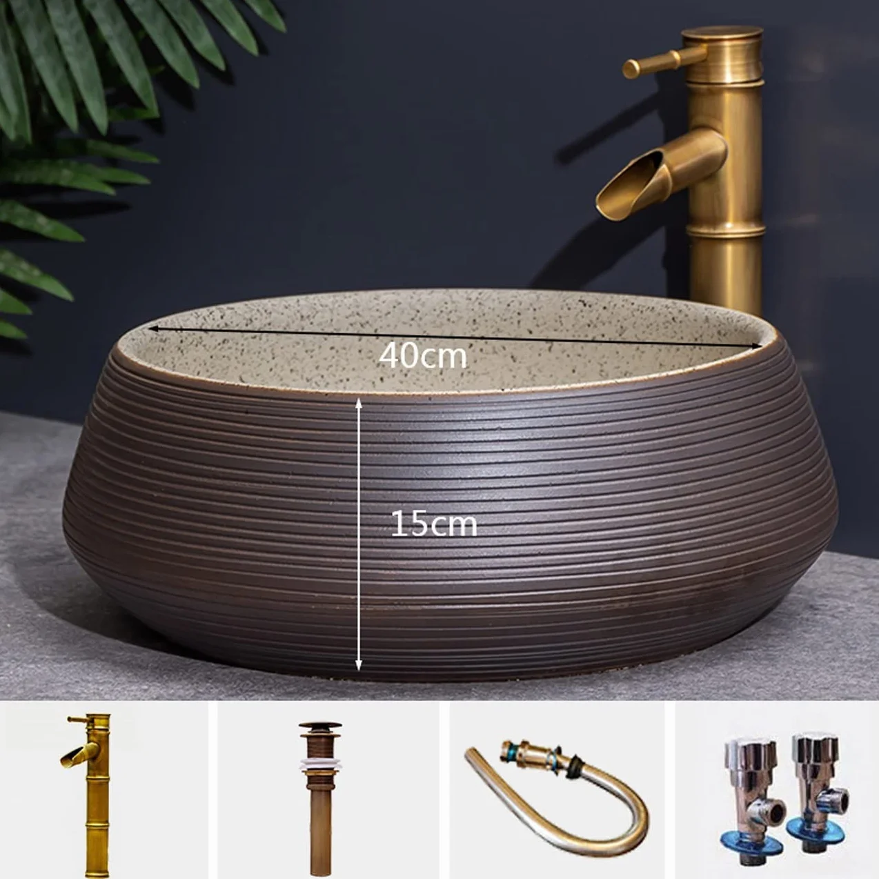 Okrągła Umywalka Nablatowa, Minimalistyczna Porcelanowa Umywalka Łazienkowa Nablatowa, Ceramiczna Umywalka Z Baterią W Kształcie Bambusa, O Teksturze Linii