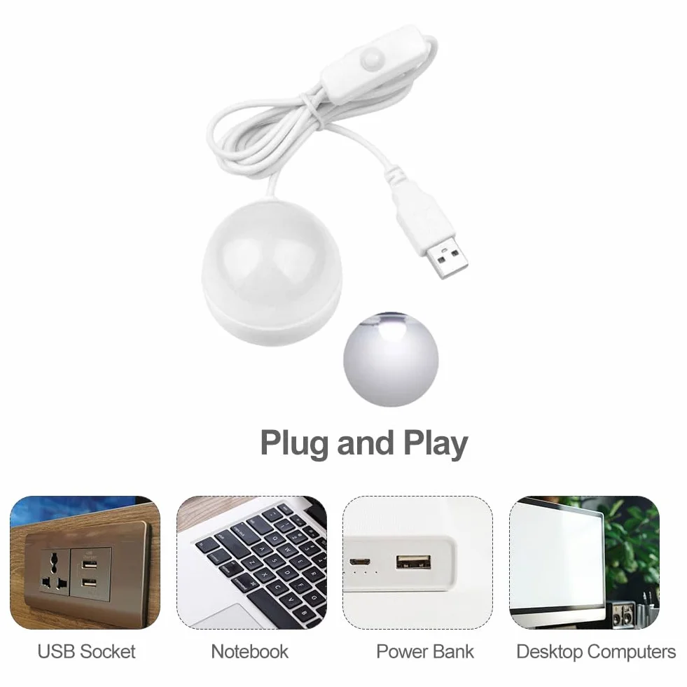 Mini lampa magnetyczna USB, lampka nocna LED z przełącznikiem, 5 V, 1 W, mała, okrągła lampa z kablem o długości 1,5 m, do komputera, witryn, szaf, notebooka, interfejsu USB, 1,5 m, 34 mm (ciepła biel
