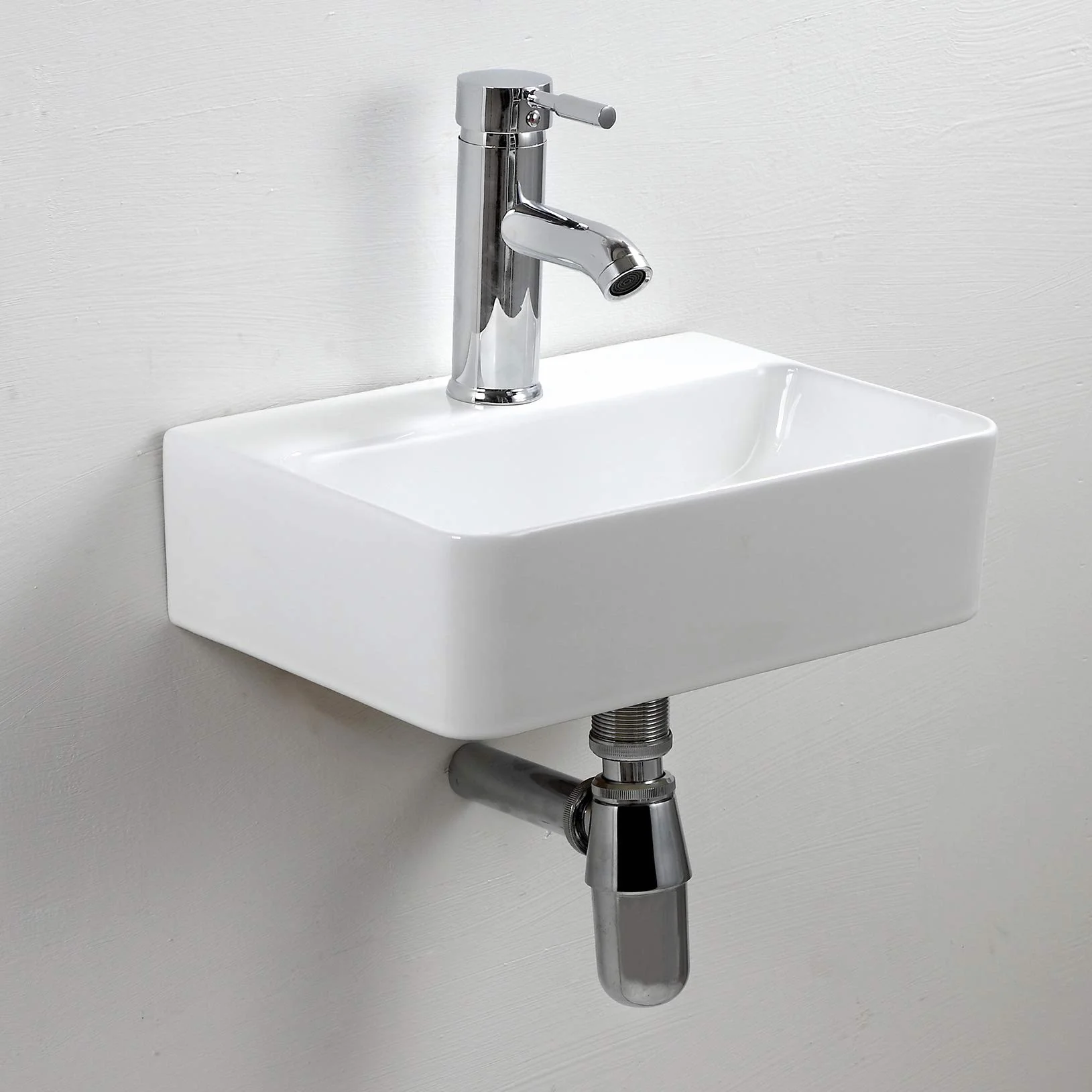 Biała ceramiczna, prostokątna, kompaktowa umywalka łazienkowa montowany na ścianie, do małej szatni, łazienki, 365 x 250 x 105 mm (styl 1)