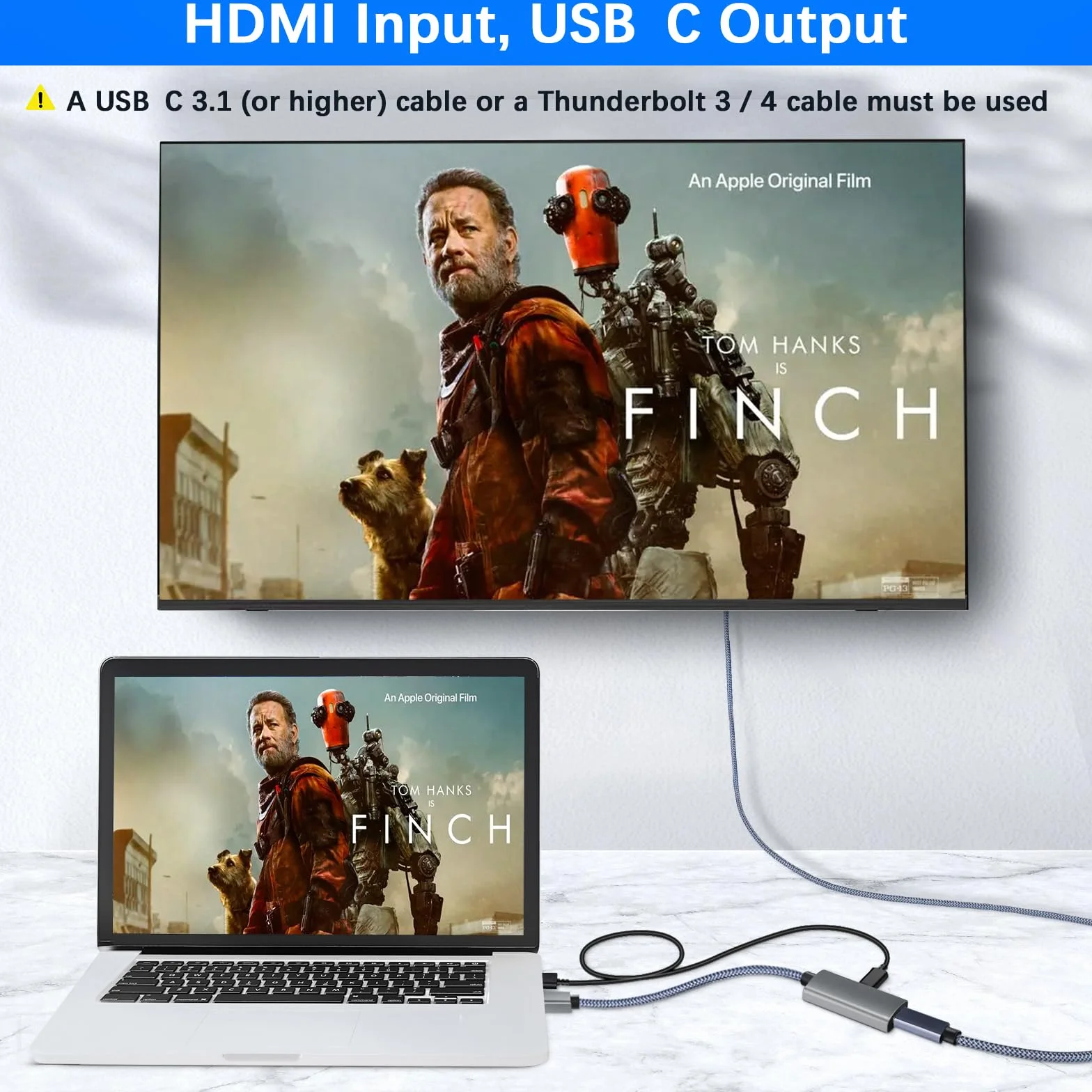 Basesailor Adapter kabla HDMI męski na USBC z kablem do ładowania, wyjście USB typu C 3.1 na wejście HDMI, adapter 4K 60 Hz Thunderbolt 3 do nowego MacBooka Pro, Mac, Surface, Nreal Air, Rokid